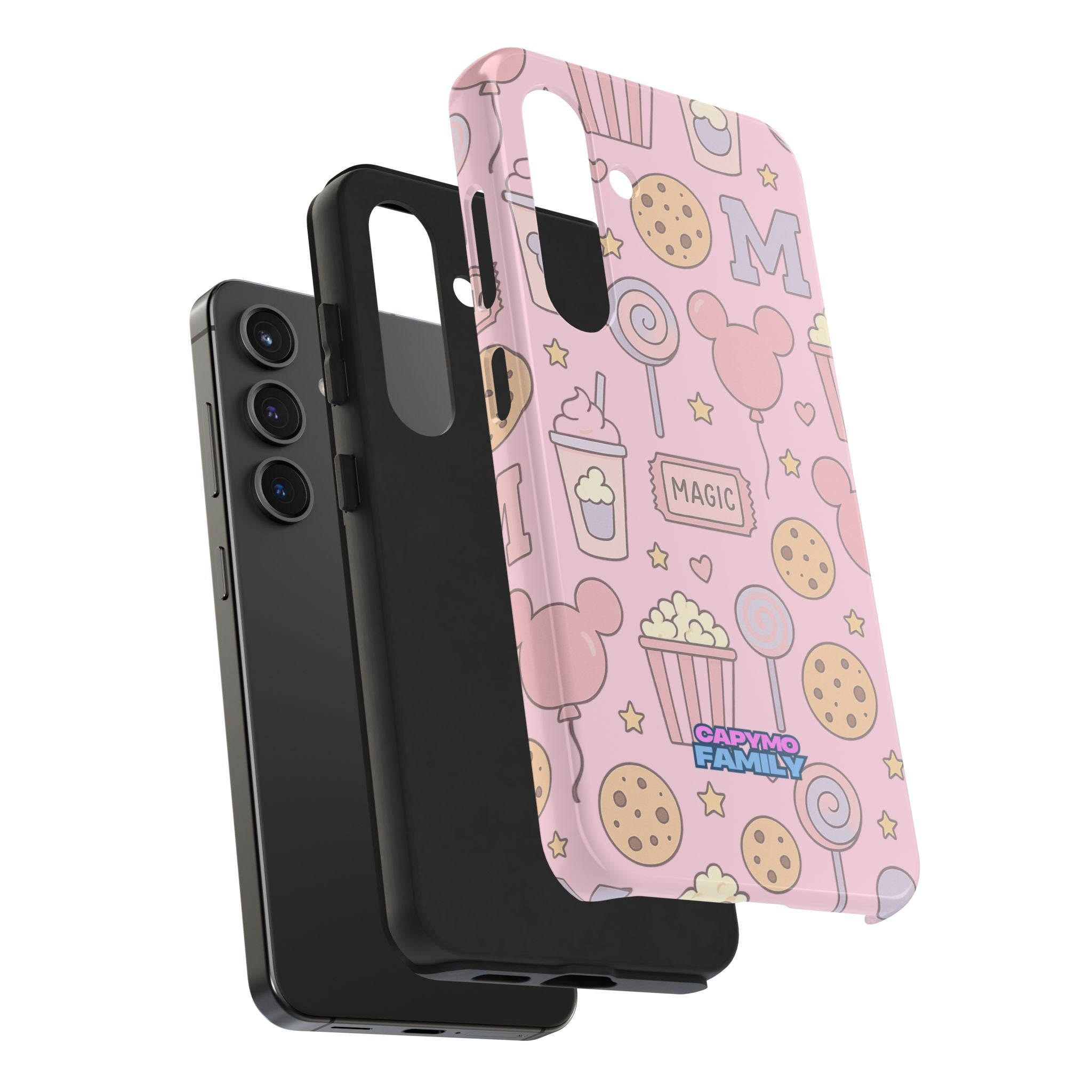 Capymo Family Kawaii Magic Snack Phone Case – Pastel Candy, Popcorn & Cookie Pattern Cover