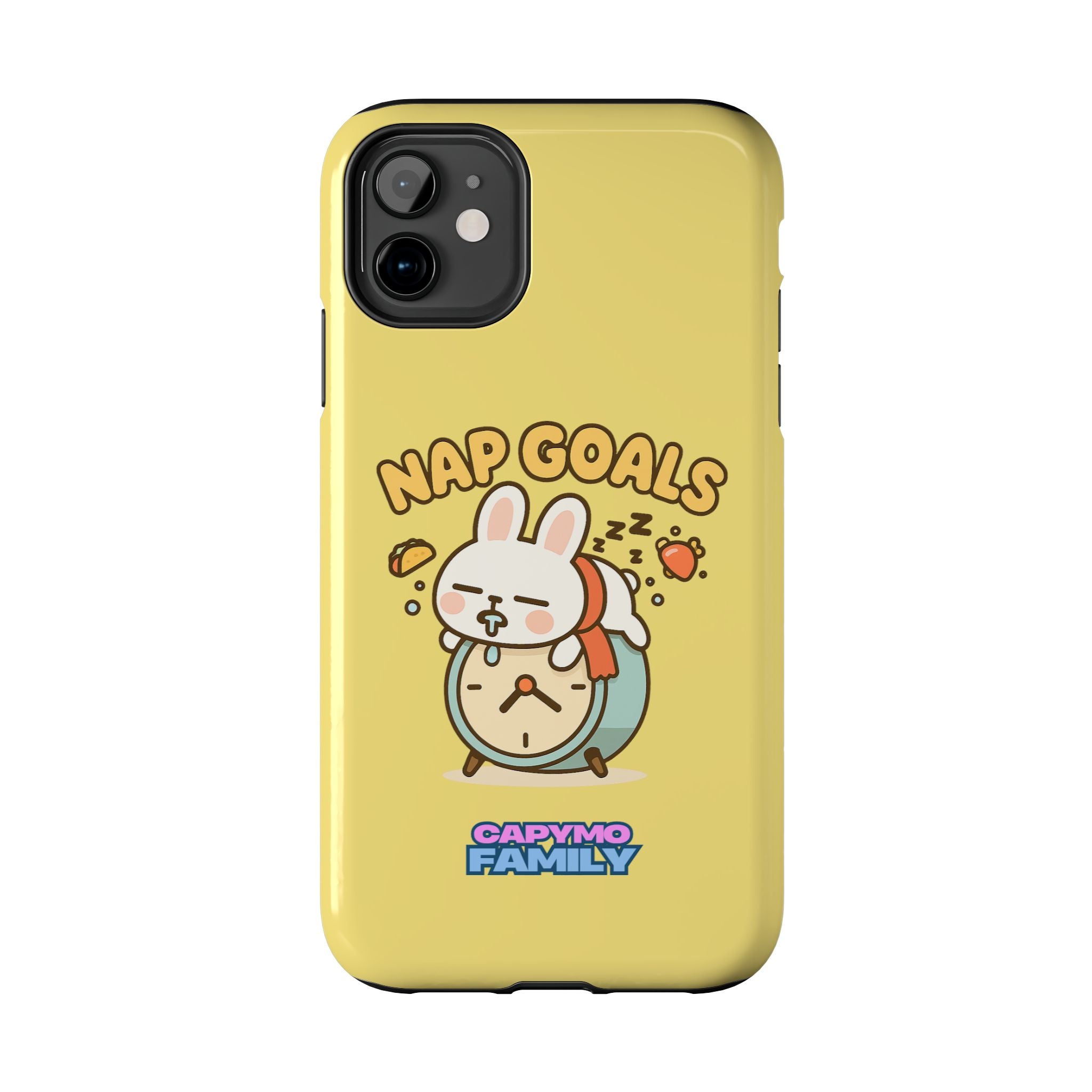 Capymo Family “Nap Goals” Phone Case – Cute Bunny Toto Sleeping on Alarm Clock Cover