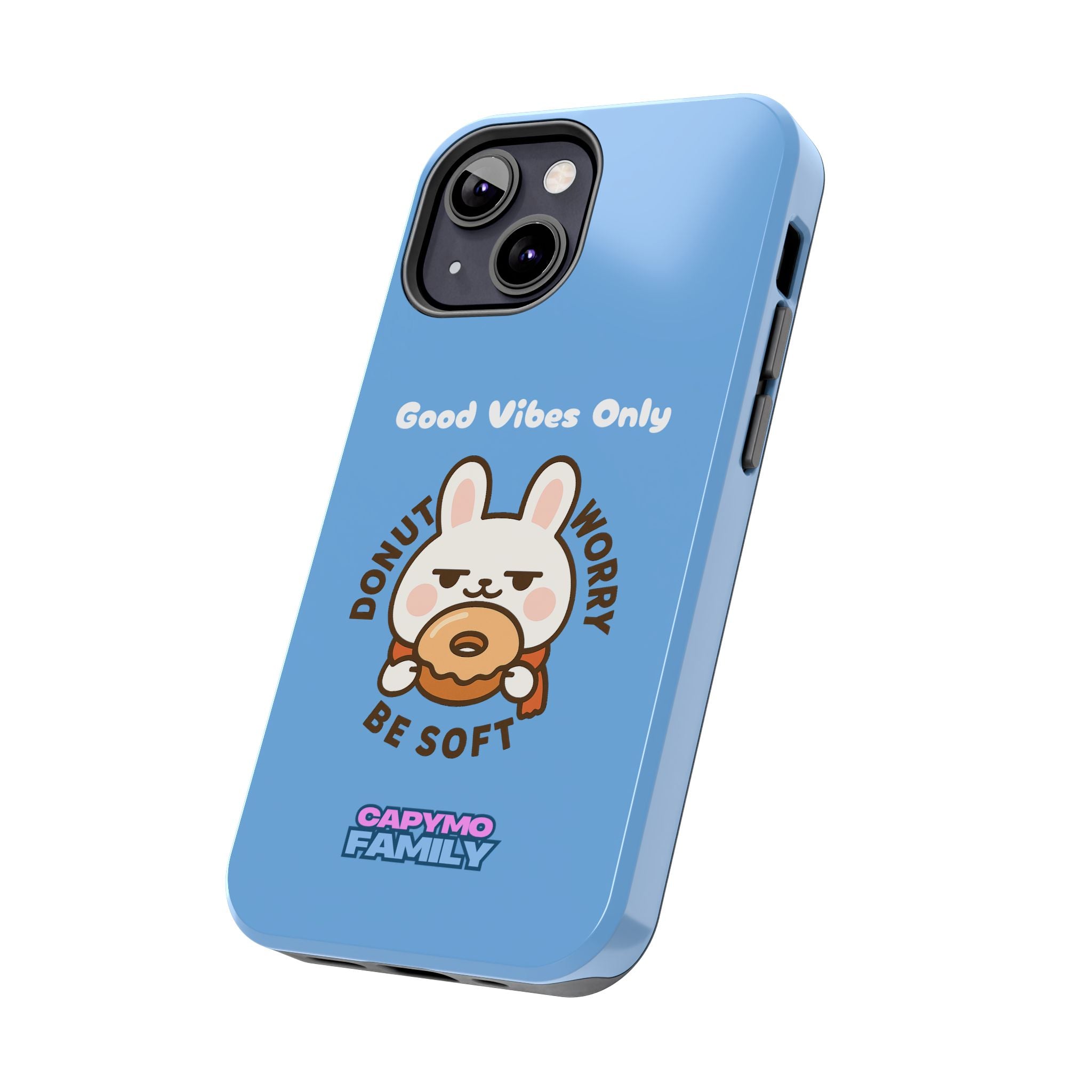 Capymo Family “Donut Worry, Be Soft” Phone Case – Cute Bunny & Donut Positive Vibes Cover