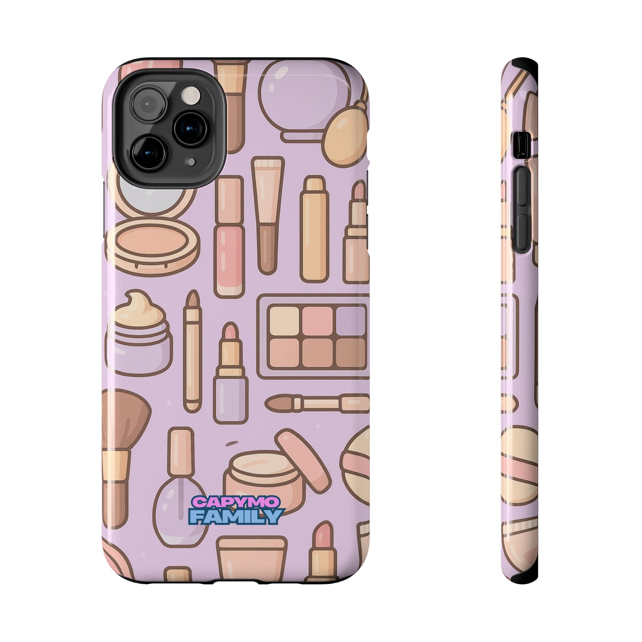 Capymo Family Kawaii Makeup Phone Case – Cute Girly iPhone Cover with Cosmetic Beauty Pattern