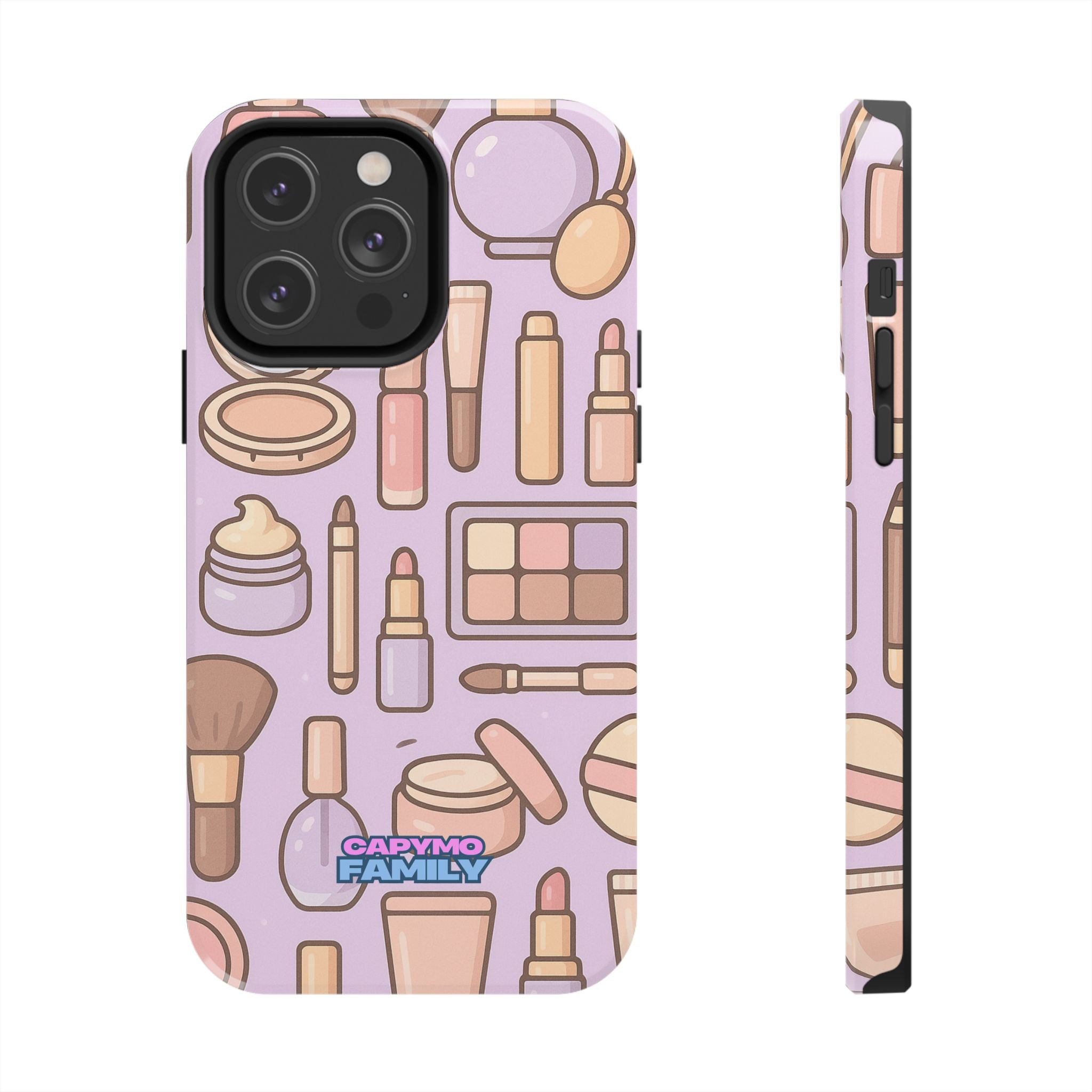 Capymo Family Kawaii Makeup Phone Case – Cute Girly iPhone Cover with Cosmetic Beauty Pattern