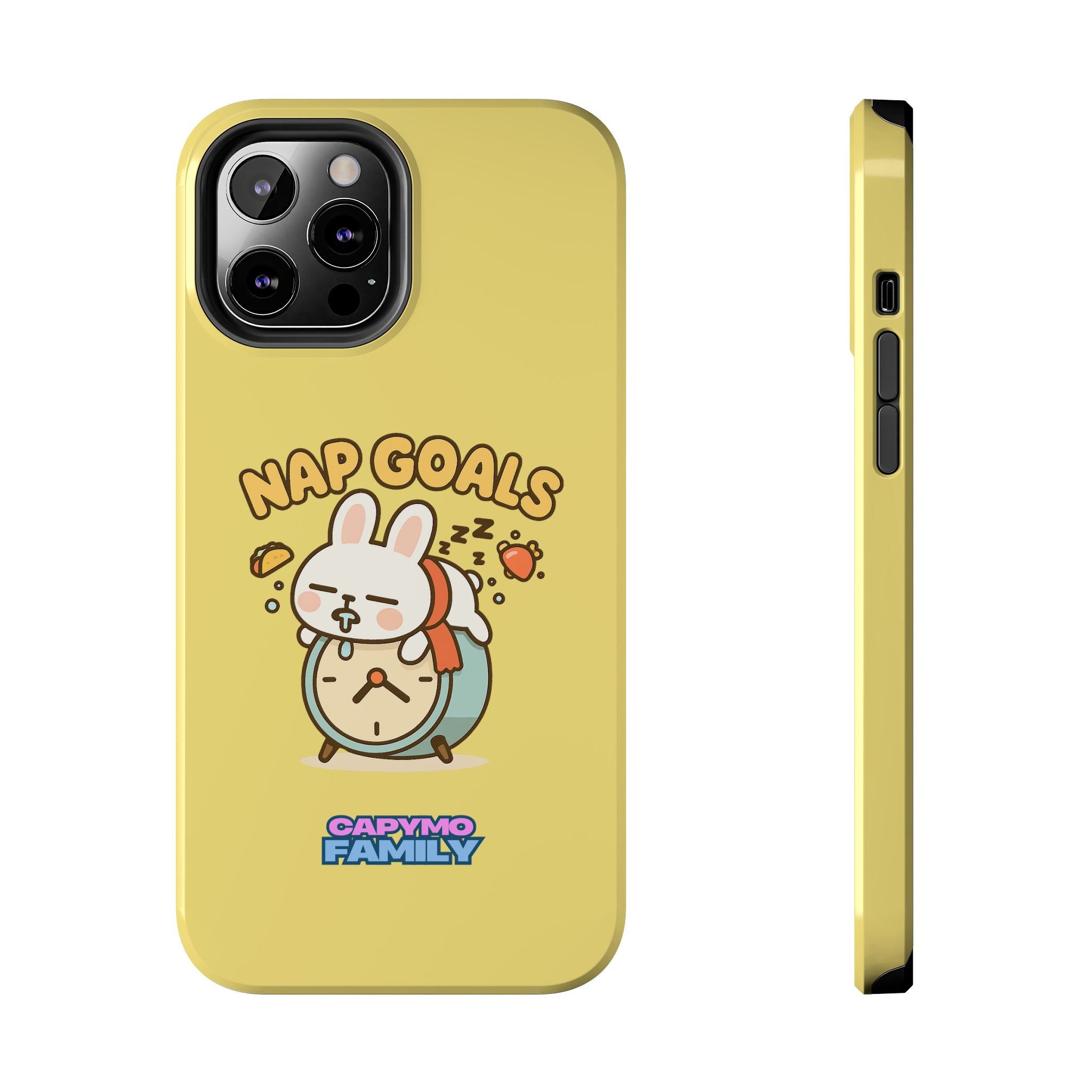 Capymo Family “Nap Goals” Phone Case – Cute Bunny Toto Sleeping on Alarm Clock Cover