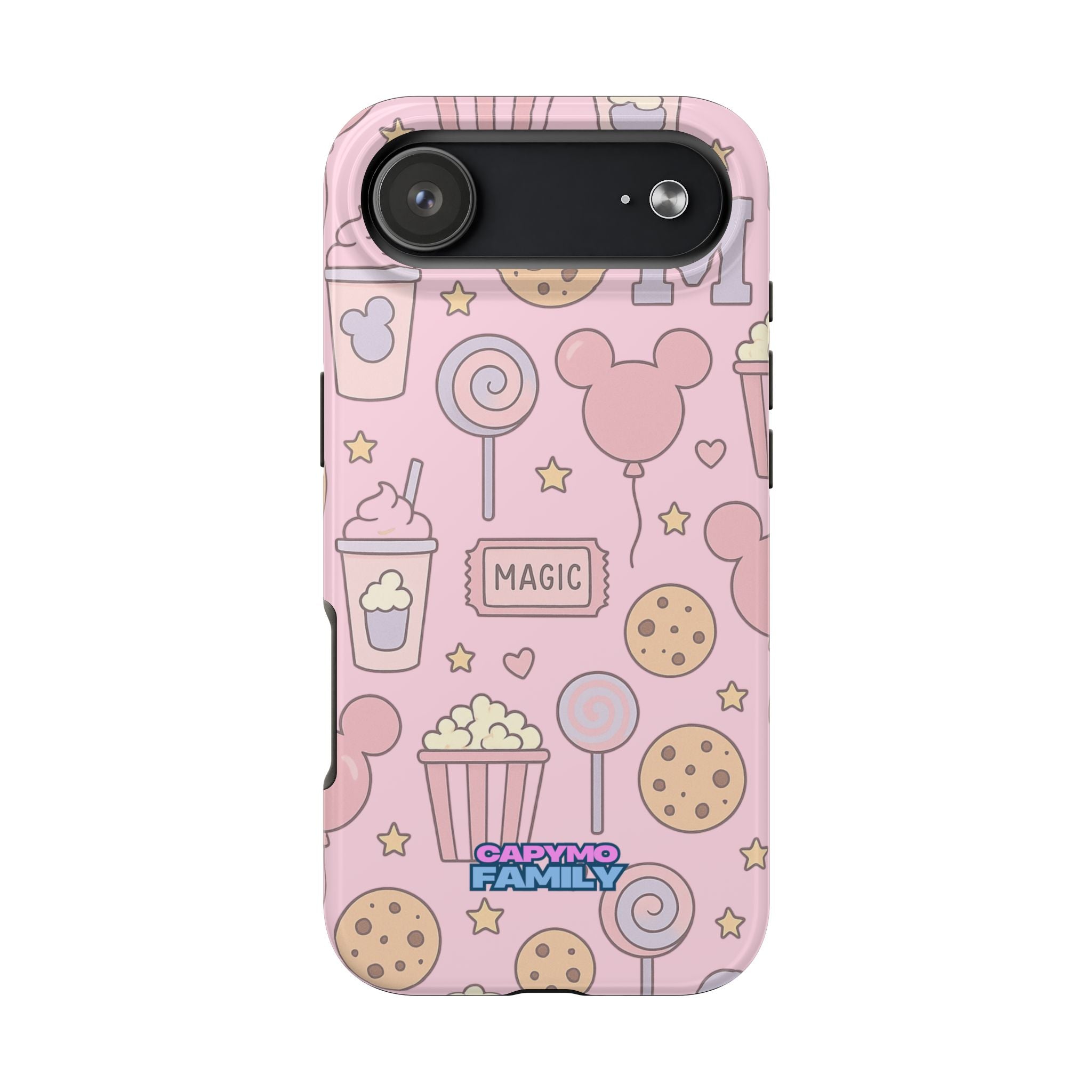 Capymo Family Kawaii Magic Snack Phone Case – Pastel Candy, Popcorn & Cookie Pattern Cover