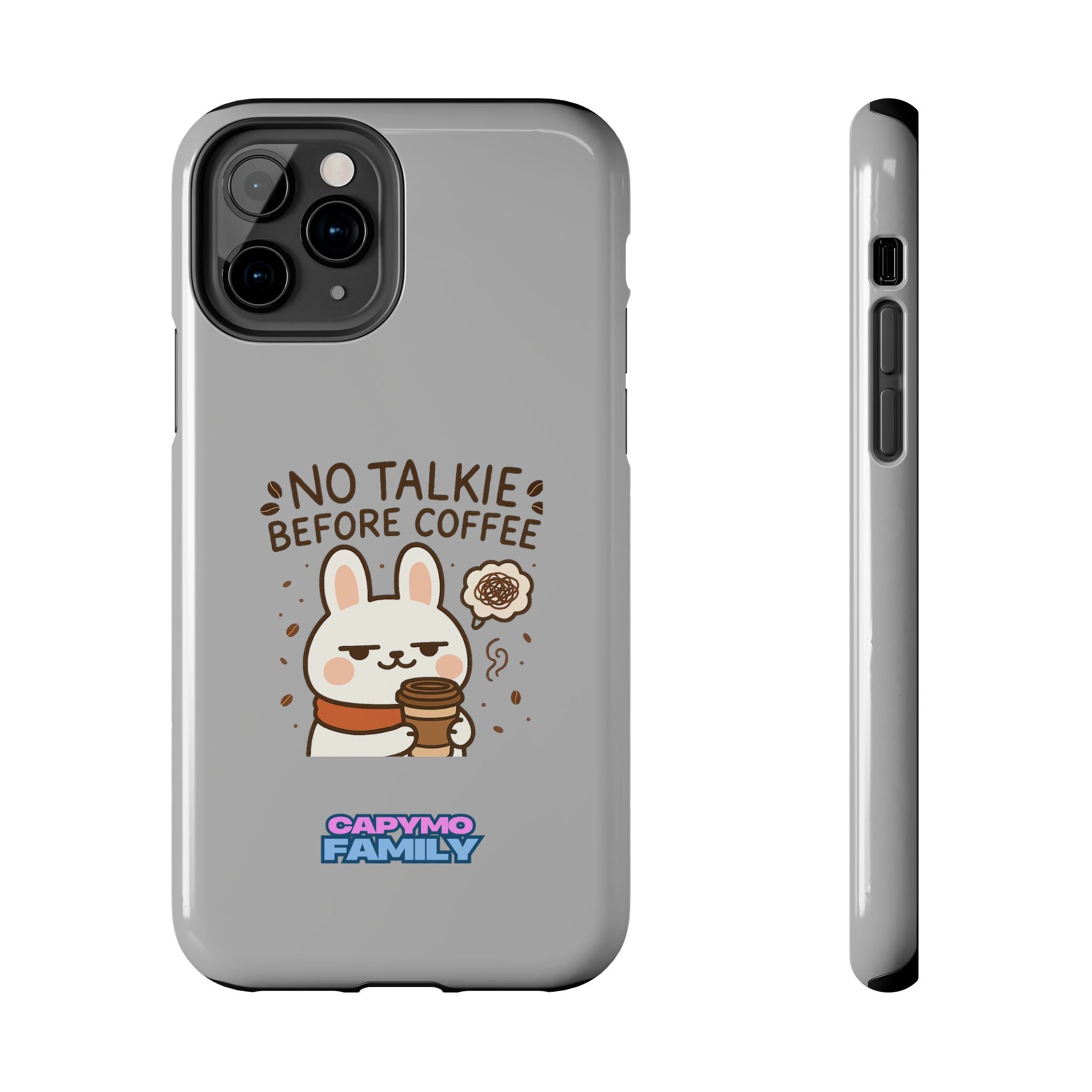 Capymo Family “No Talkie Before Coffee” Phone Case – Grumpy Bunny Morning Mood