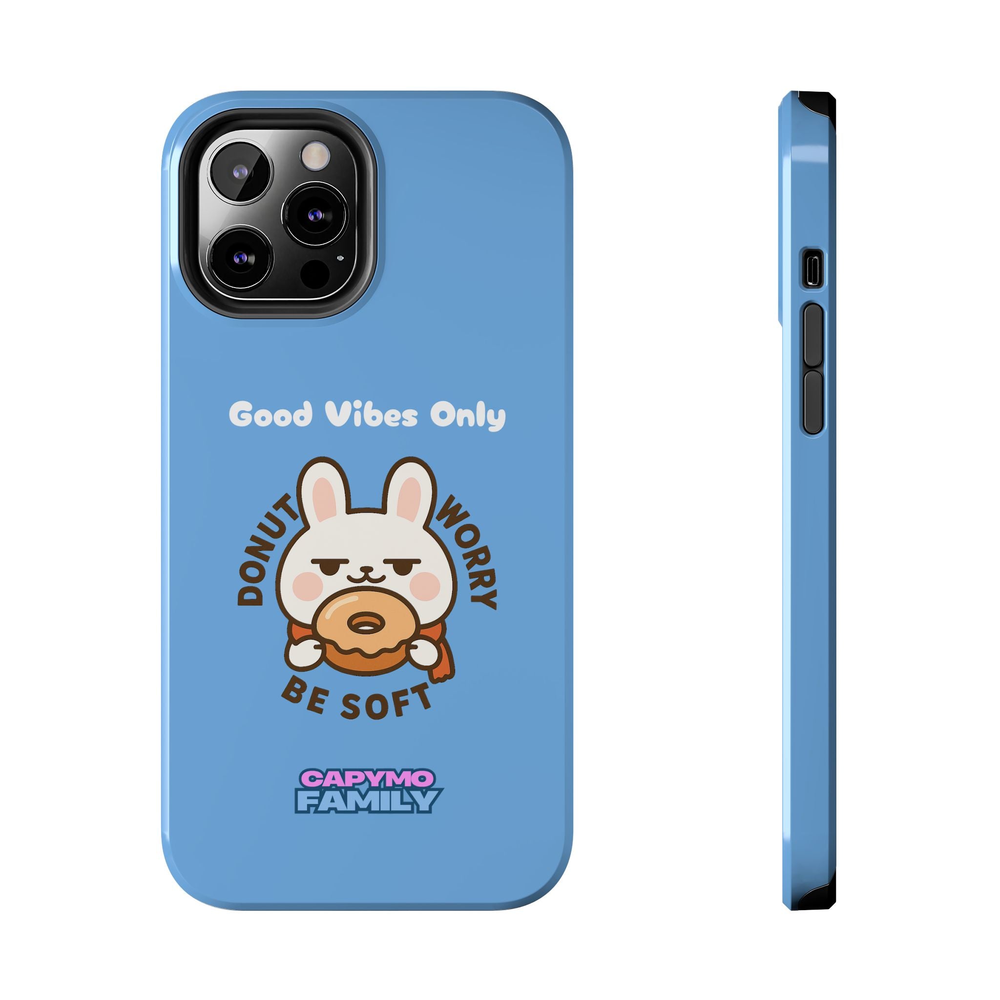 Capymo Family “Donut Worry, Be Soft” Phone Case – Cute Bunny & Donut Positive Vibes Cover