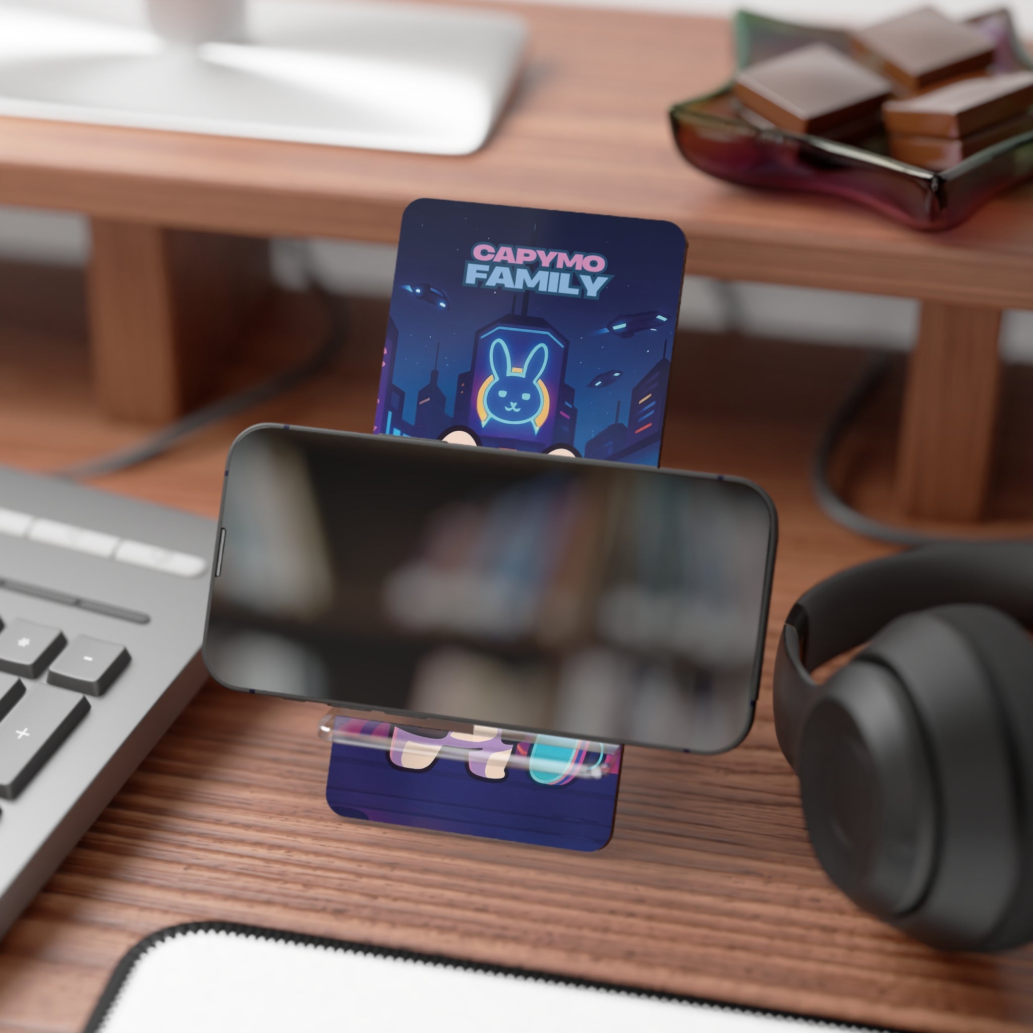 Capymo Family Kawaii Bunny Mobile Stand – “Neo City Skater” Cute Desktop Phone Holder