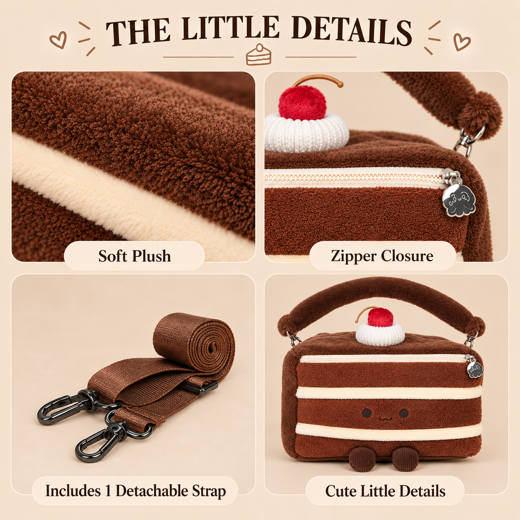 A four-panel product detail graphic for a plush crossbody bag shaped like a cake slice. The panels show close-ups of soft brown plush fabric with cream stripes, a zipper closure, a detachable brown strap with clips, and the full bag with a small red-and-white cherry detail.