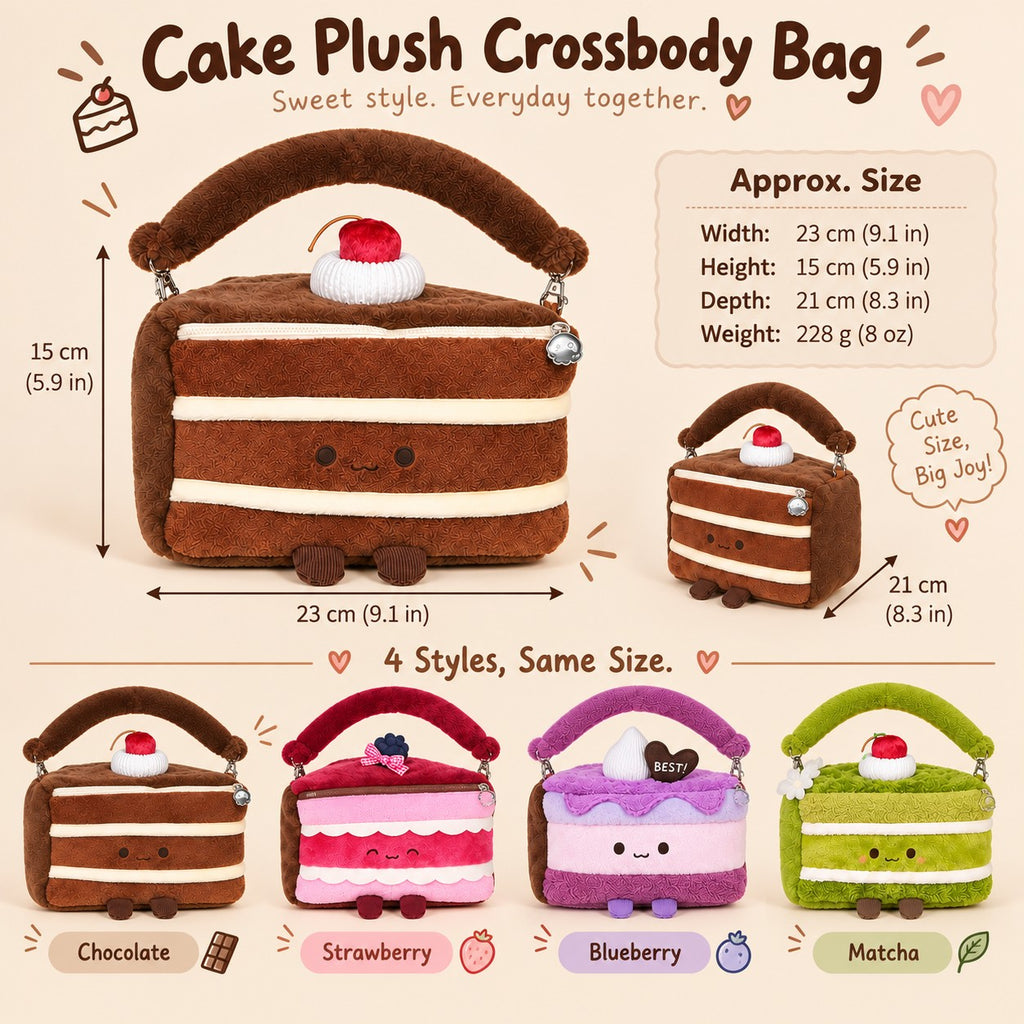 A promotional graphic for a plush cake-themed crossbody bag, showing one main brown cake bag with dimensions and four smaller color variants labeled Chocolate, Strawberry, Blueberry, and Matcha. The image includes text describing the bag as a 'Cake Plush Crossbody Bag' and lists approximate size measurements and weight.