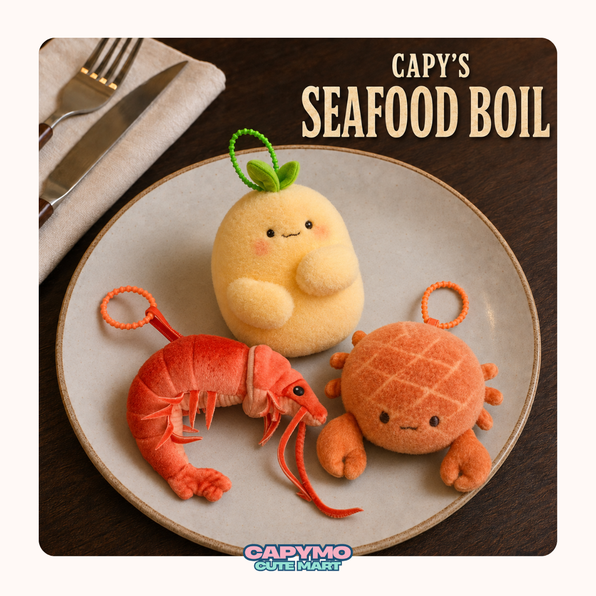 Capy’s Seafood Boil Plush Trio – Shrimp, Crab & Potato Set