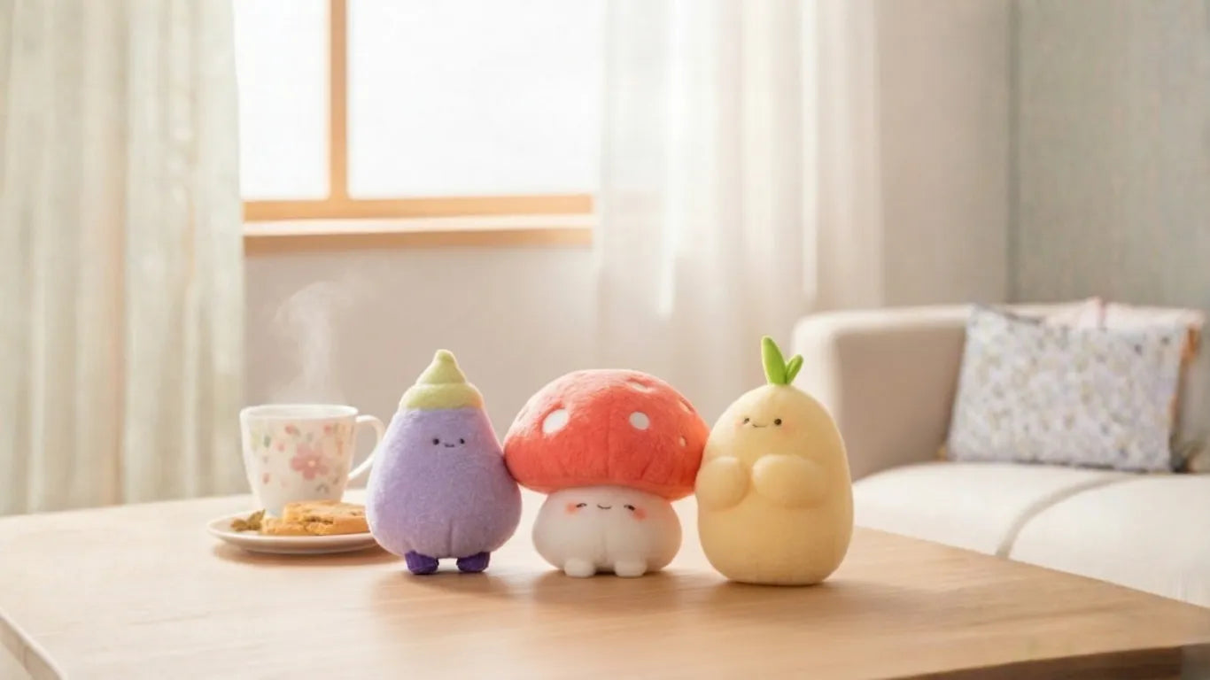 Five colorful plush toys resembling vegetables on a wooden table with a light background