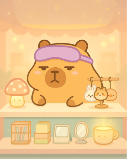 capy character wearing a sleep mask with various small objects on a shelf in the background.