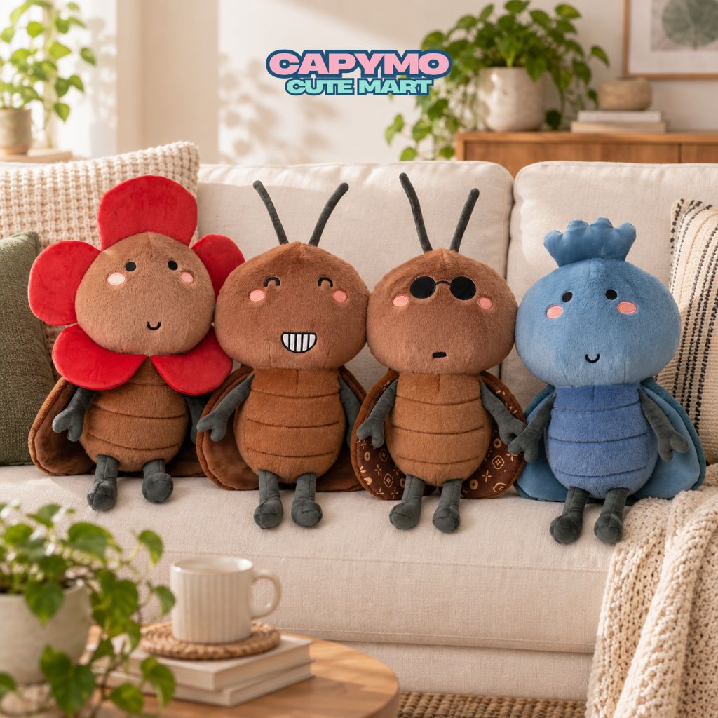 Four cute insect-themed plush toys sitting together on a cream sofa in a cozy living room setting. The plushies include a red flower, two brown ants, and a blue bug.