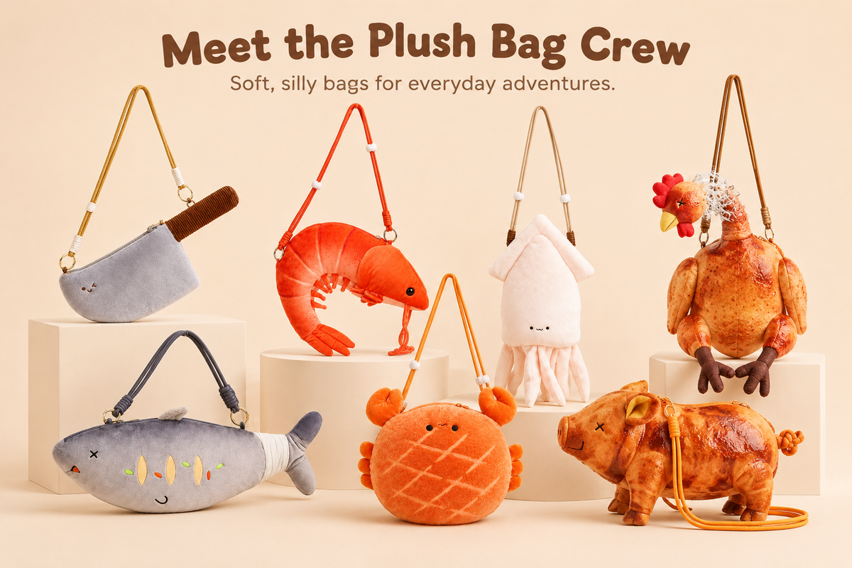 Six plush crossbody bags shaped like food items are displayed on white pedestals against a warm beige background, with the text 'Meet the Plush Bag Crew' at the top. The bags include a gray cutting board, a red shrimp, a white squid, a roasted chicken, a fish, a grilled steak, and a roasted pig.
