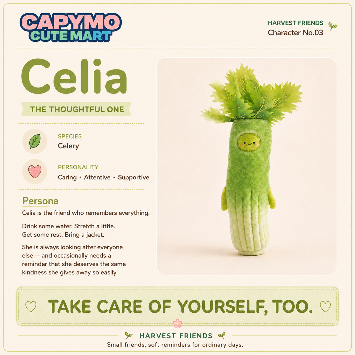 A character profile card for 'Celia' from the brand 'Capymo Cute Mart'. The card features a cute plush celery toy with a smiling yellow face on the right, alongside text describing Celia as 'The Thoughtful One' with species 'Celery', personality traits 'Attentive • Caring • Supportive', and a quote starting with 'TAKE CARE OF YOURSELF, TOO.