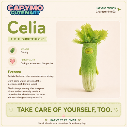 A character profile card for 'Celia' from the brand 'Capymo Cute Mart'. The card features a cute plush celery toy with a smiling yellow face on the right, alongside text describing Celia as 'The Thoughtful One' with species 'Celery', personality traits 'Attentive • Caring • Supportive', and a quote starting with 'TAKE CARE OF YOURSELF, TOO.