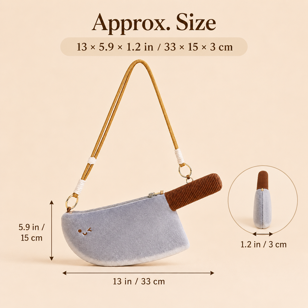 A small zip pouch shown with dimension annotations reading approximately 13 x 5.9 x 1.