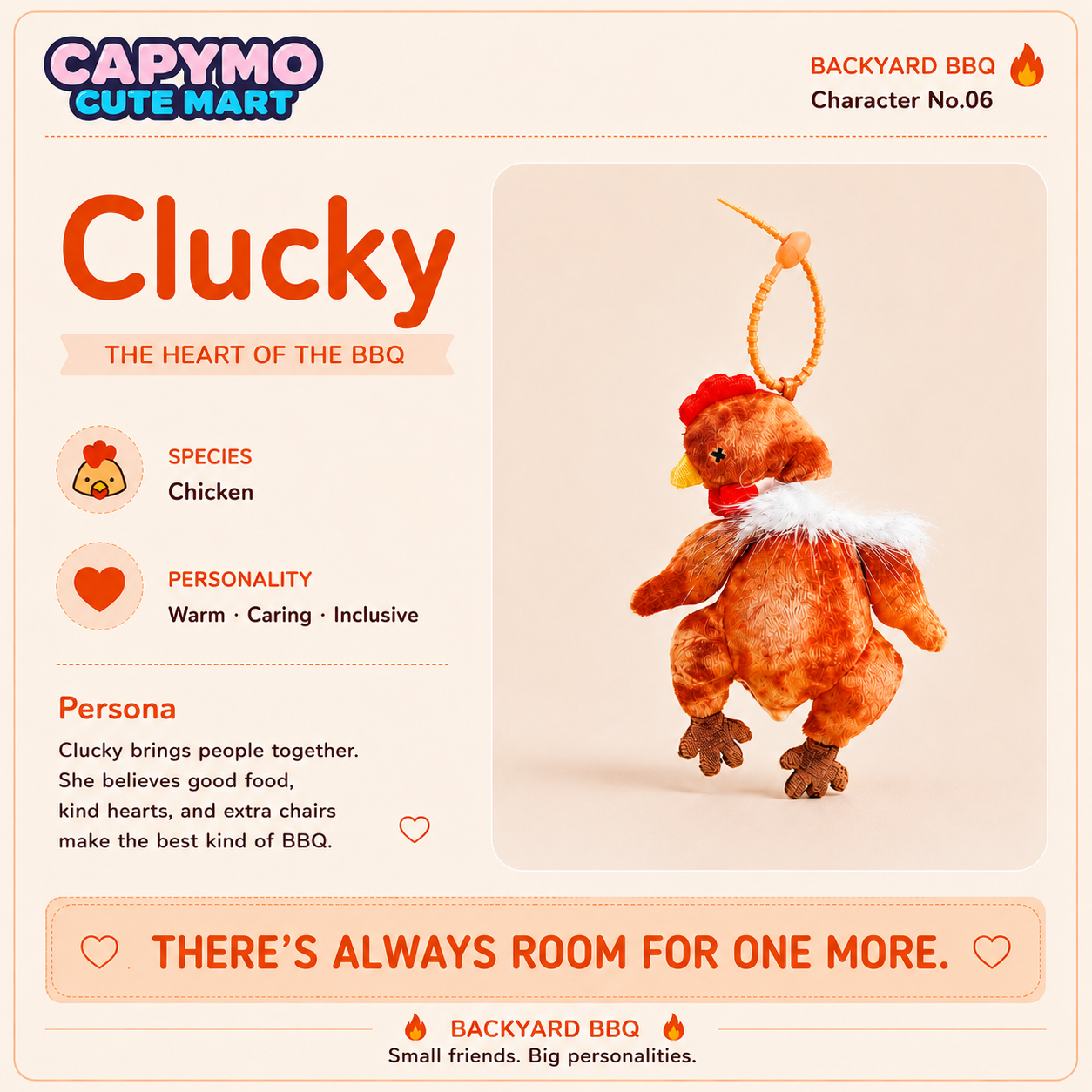 A product card for the Capymo Cute Mart Clucky plush chicken character. The card features character details on the left and a photo of the plush toy on the right.