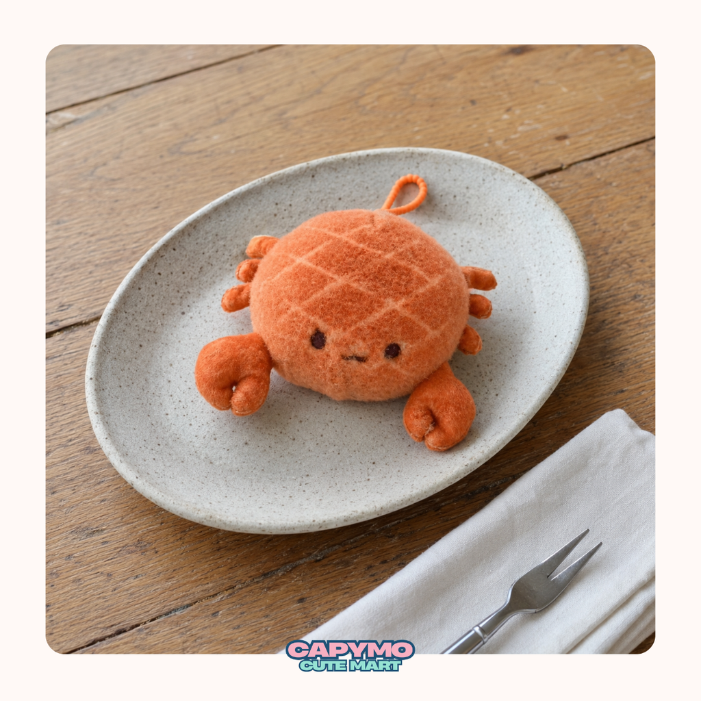 An orange plush crab toy with a cute embroidered face and small loop on top, displayed on a speckled ceramic plate on a wooden table. A folded white napkin with a fork is visible in the lower right corner, and the brand logo 'Capymo Cute Market' is shown at the bottom.