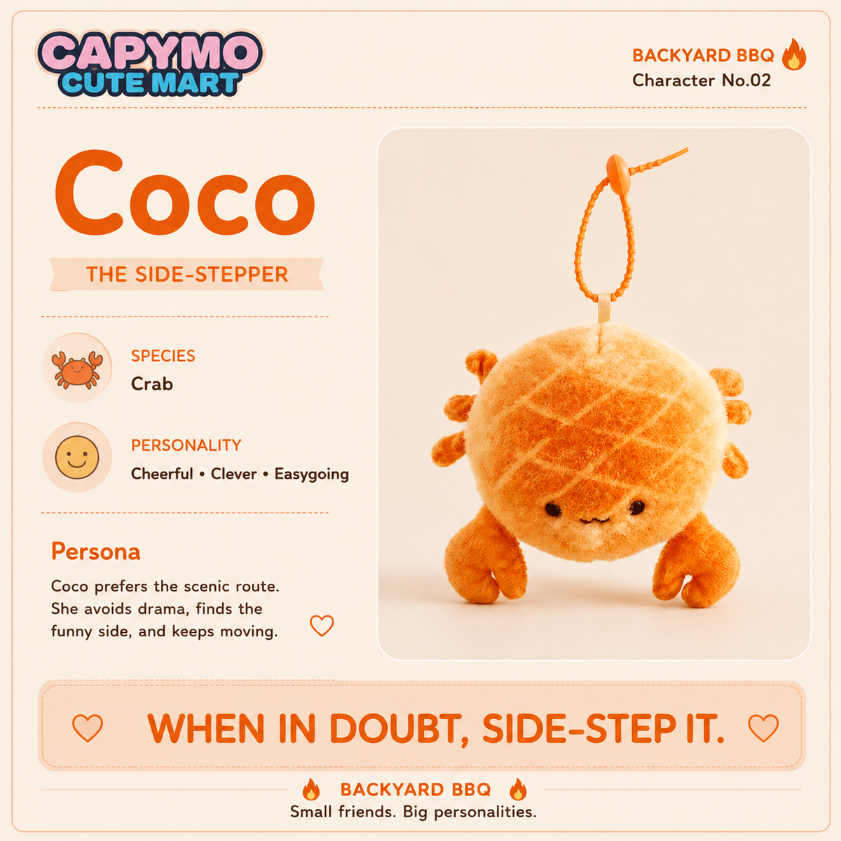 A product information card for a Capymo Cute Mart plush character named Coco. The card features a detailed description of Coco, who is a cute orange crab plush toy with a pineapple-like textured body and a hanging loop.