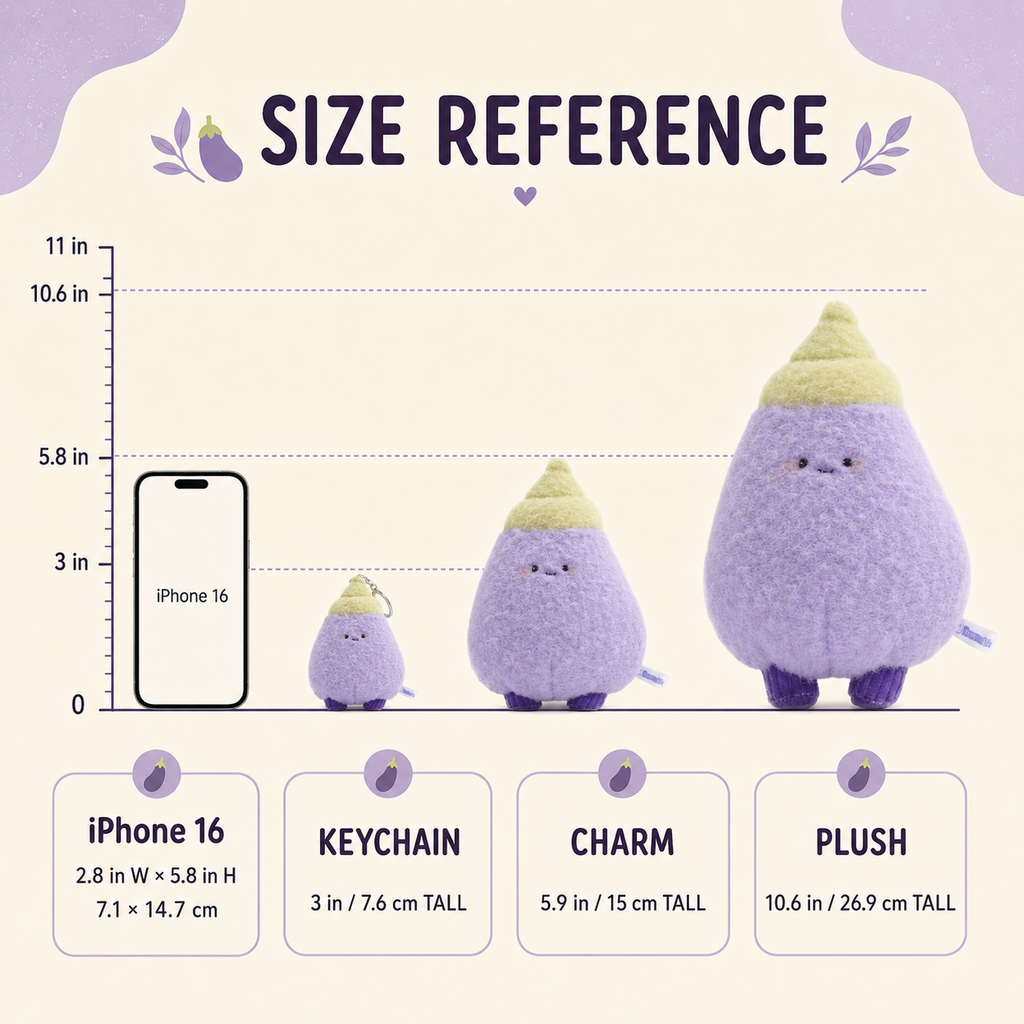 Size reference chart showing a purple egg-shaped plush toy and smaller matching keychain and charm sizes next to an iPhone 16 for scale, with text labels and dimensions on a light cream background.