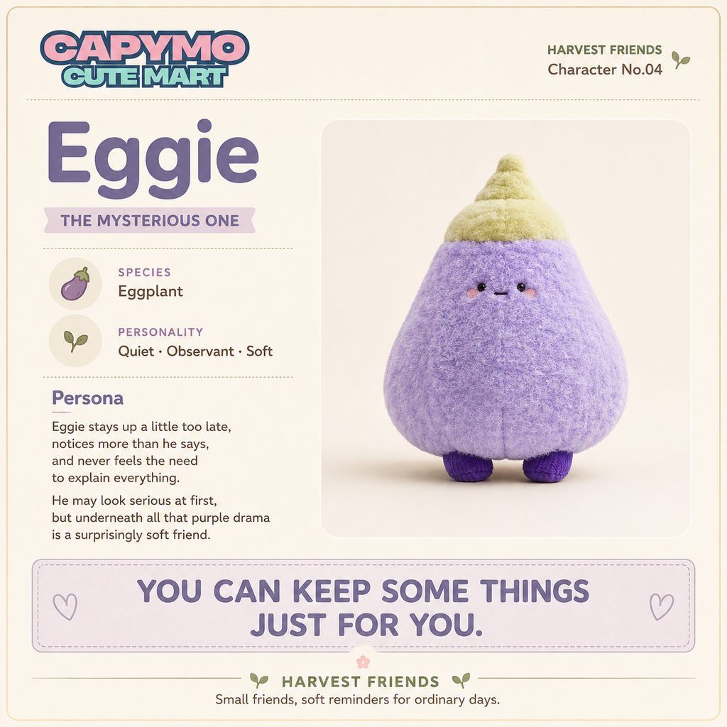 A cute plush eggplant character card labeled 'Eggie' from CAPYMO CUTE MART. The plush toy is fuzzy lavender-purple with a pale yellow top and small purple feet.