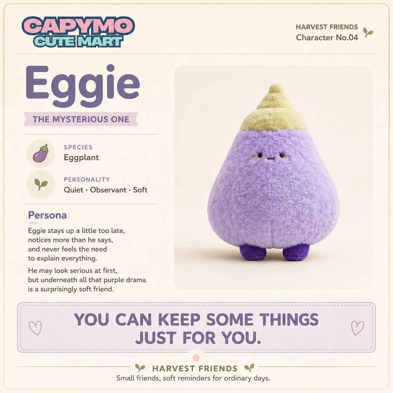 A cute plush eggplant character card labeled 'Eggie' from CAPYMO CUTE MART. The plush toy is fuzzy lavender-purple with a pale yellow top and small purple feet.