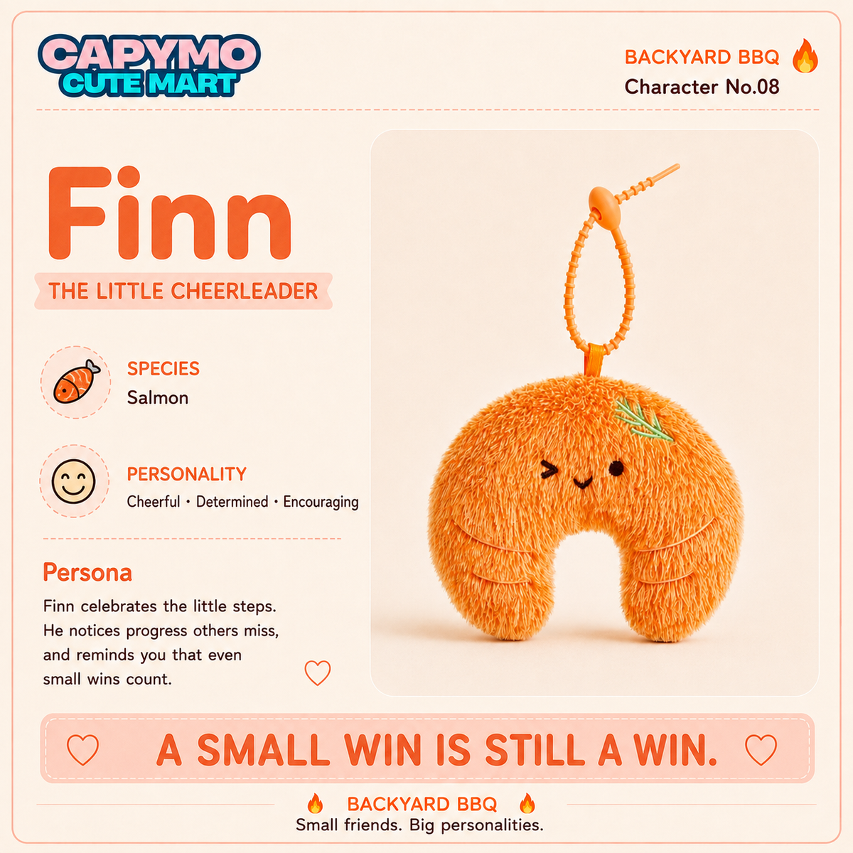 A product presentation card for the CAPYMO CUTE MART Finn plush keychain. The card features a detailed character profile on the left with the text 'Finn THE LITTLE CHEERLEADER', 'Species Salmon', and 'Personality Cheerful - Determined - Encouraging'.