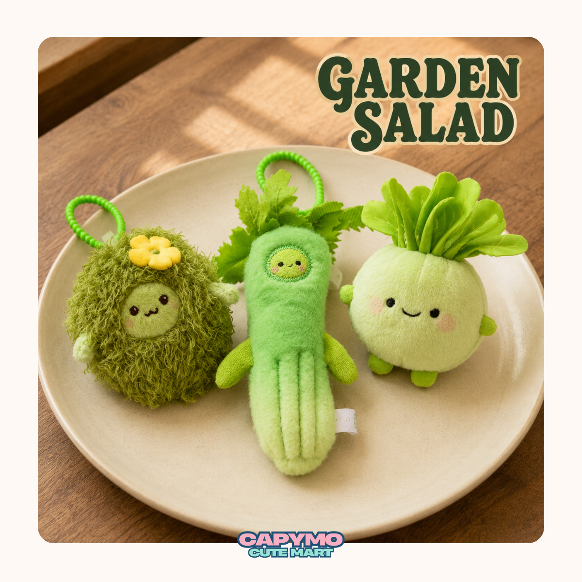 Three cute plush vegetable characters labeled 'GARDEN SALAD' are displayed on a beige plate over a wooden surface. The set includes a fuzzy green mossy character with a yellow flower, a green cucumber-shaped plush with leafy top, and a round light green radish character with pink cheeks.