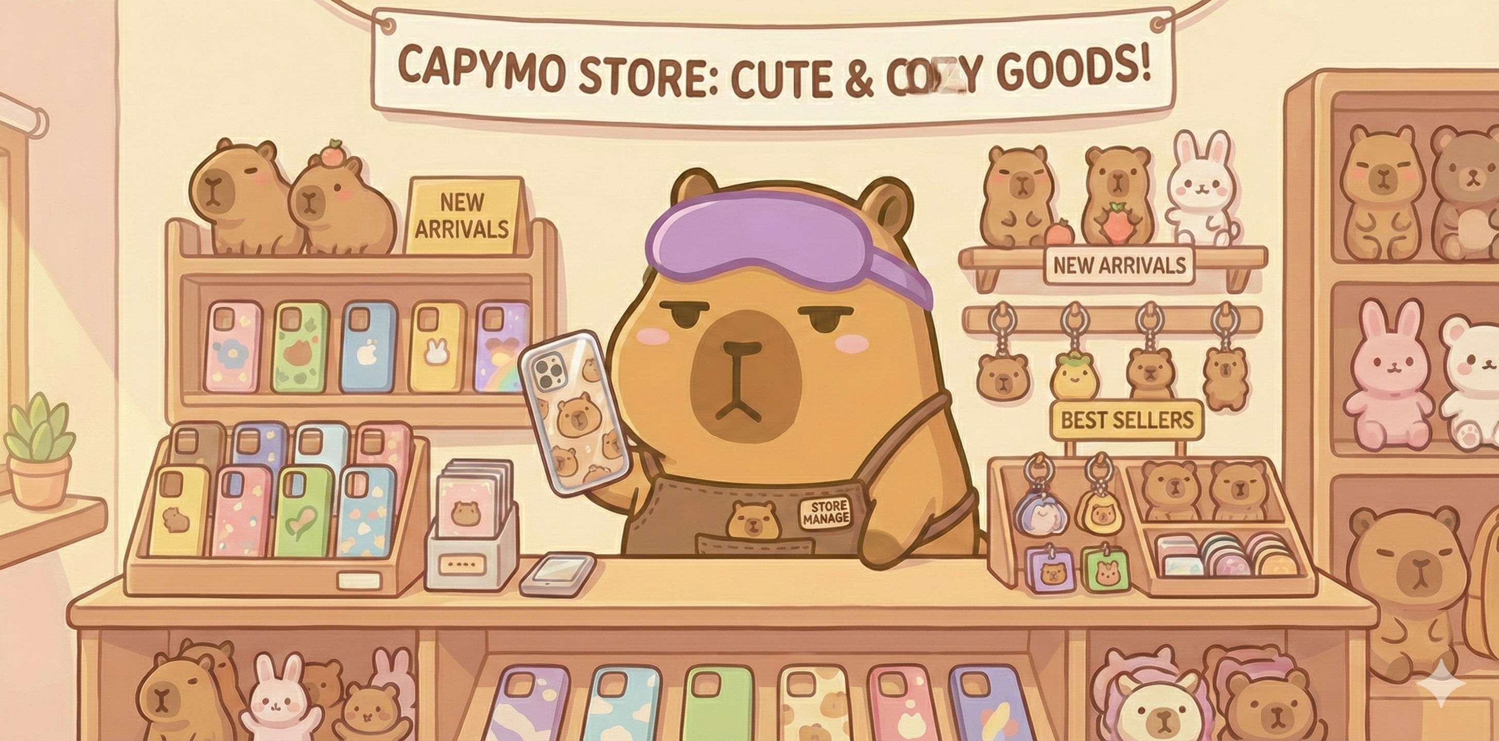 Cartoon store interior with a bear character behind the counter, surrounded by cute merchandise.
