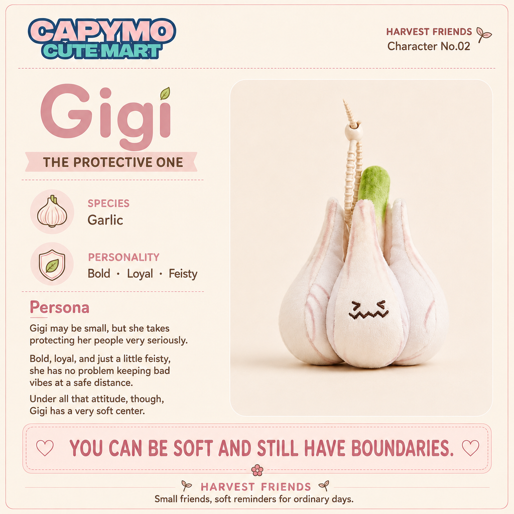 A character plush shaped like a garlic bulb with a green stem, shown on a pastel pink infographic card. The card includes the CAPYMO CUTE MART logo, the name Gigi, and text describing her as 'The Protective One' with garlic and personality icons.