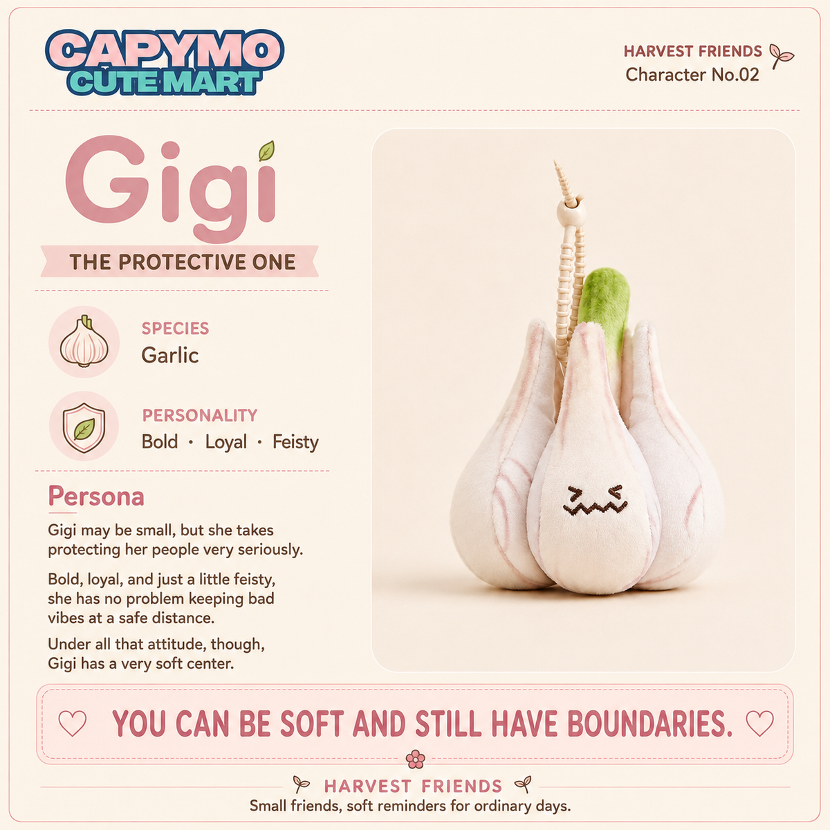 A character plush shaped like a garlic bulb with a green stem, shown on a pastel pink infographic card. The card includes the CAPYMO CUTE MART logo, the name Gigi, and text describing her as 'The Protective One' with garlic and personality icons.