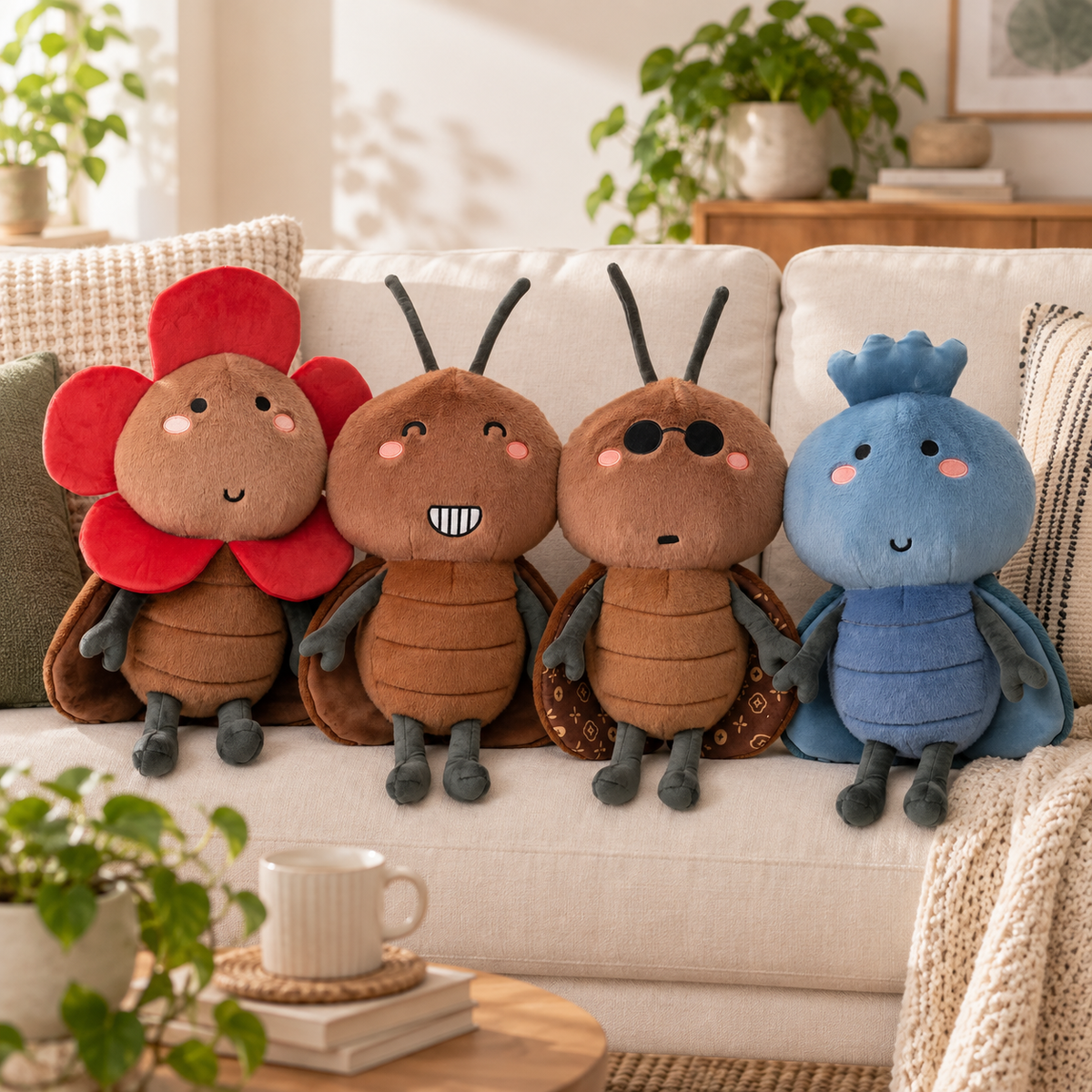 Four cute insect-themed plush toys sitting together on a cream-colored sofa in a cozy living room setting. The toys include a red flower bug, a brown bug with a white tooth grin, a brown bug wearing sunglasses, and a blue bug with a crown.