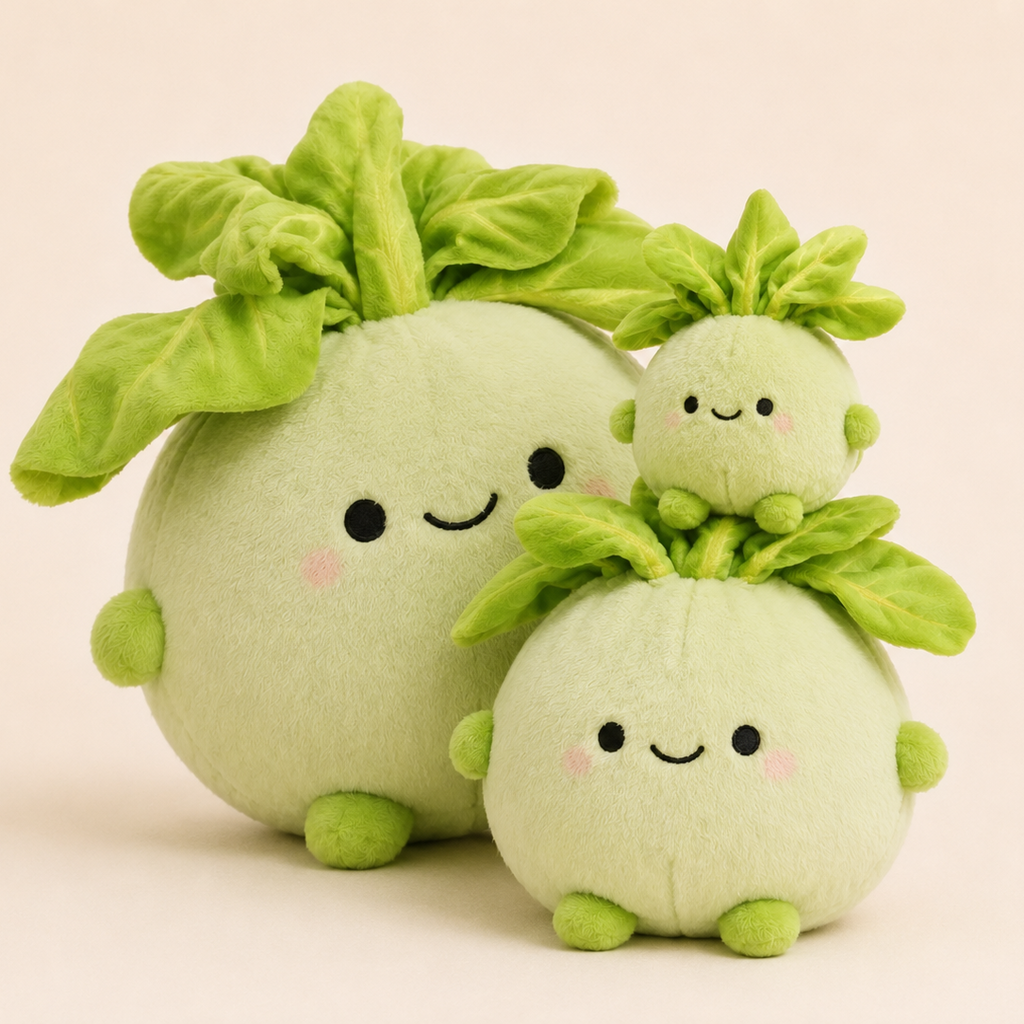 Three cute plush vegetables in different sizes, featuring light green bodies, bright green leafy tops, and smiling faces, set against a solid pale pink background.