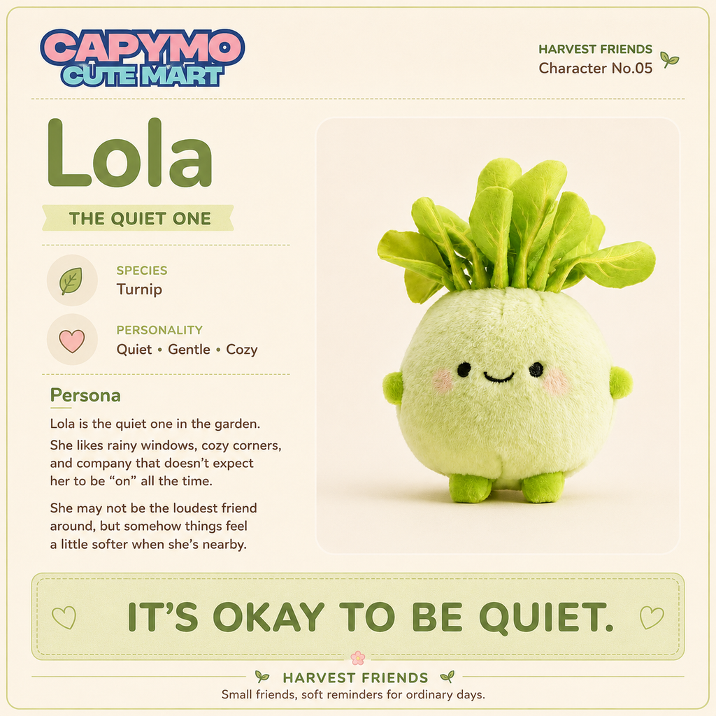 A plush vegetable character toy named Lola from Capymo Cute Mart, styled as a green turnip with a smiling face, shown on a cream-colored graphic card with character details and text.