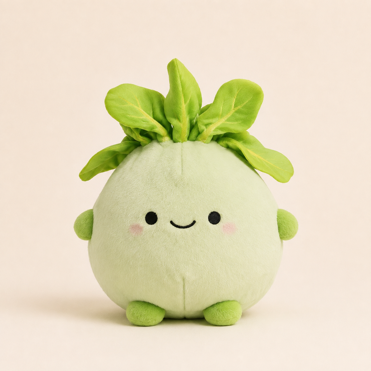 A cute, round plush toy designed to look like a smiling green vegetable or radish with leafy greens on its head, set against a solid pale beige background.