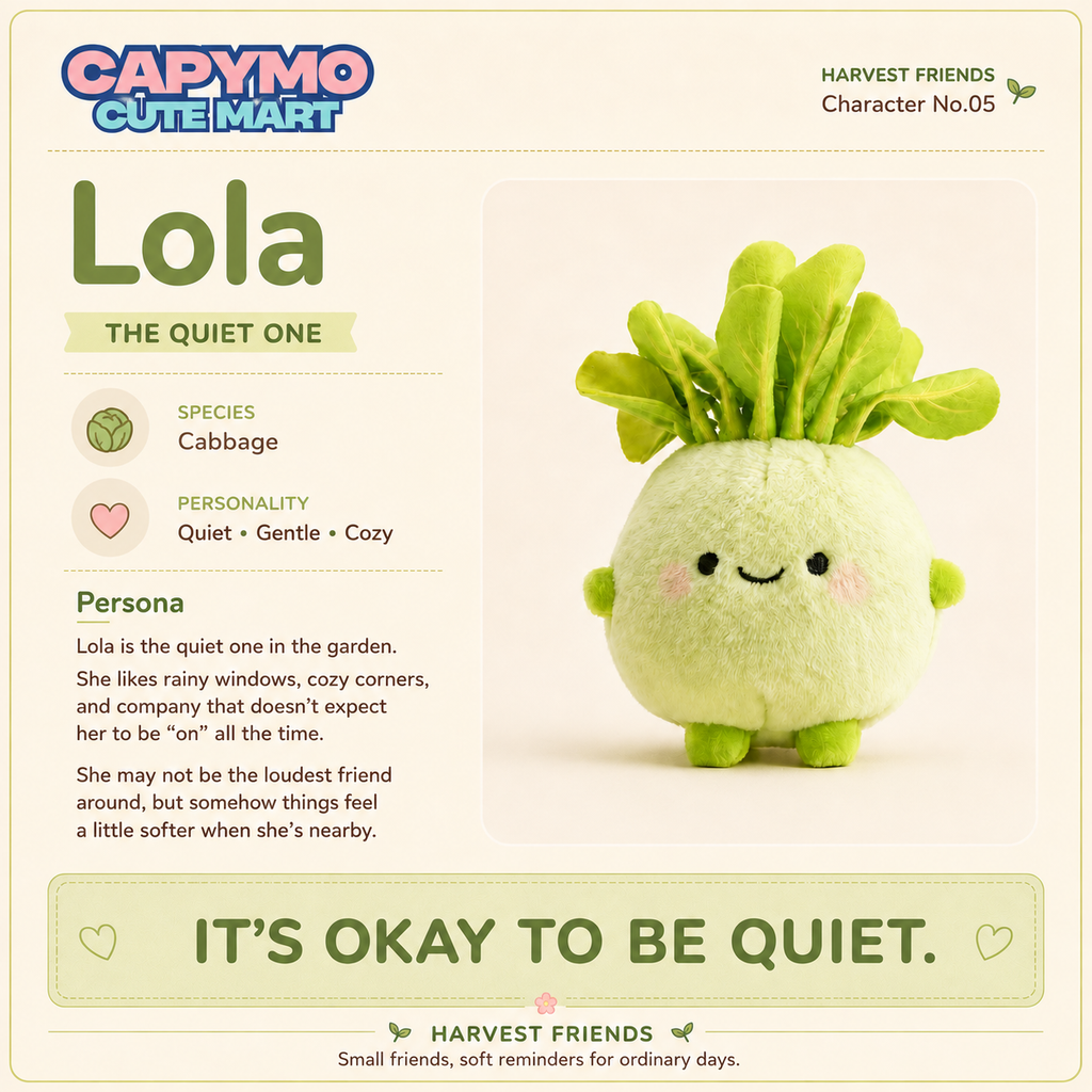 A character profile card for the Capymo Cute Mart plush toy 'Lola', a cabbage-themed plush doll. The card features character details, quotes, and a photo of the green and white plush toy on a soft cream background.