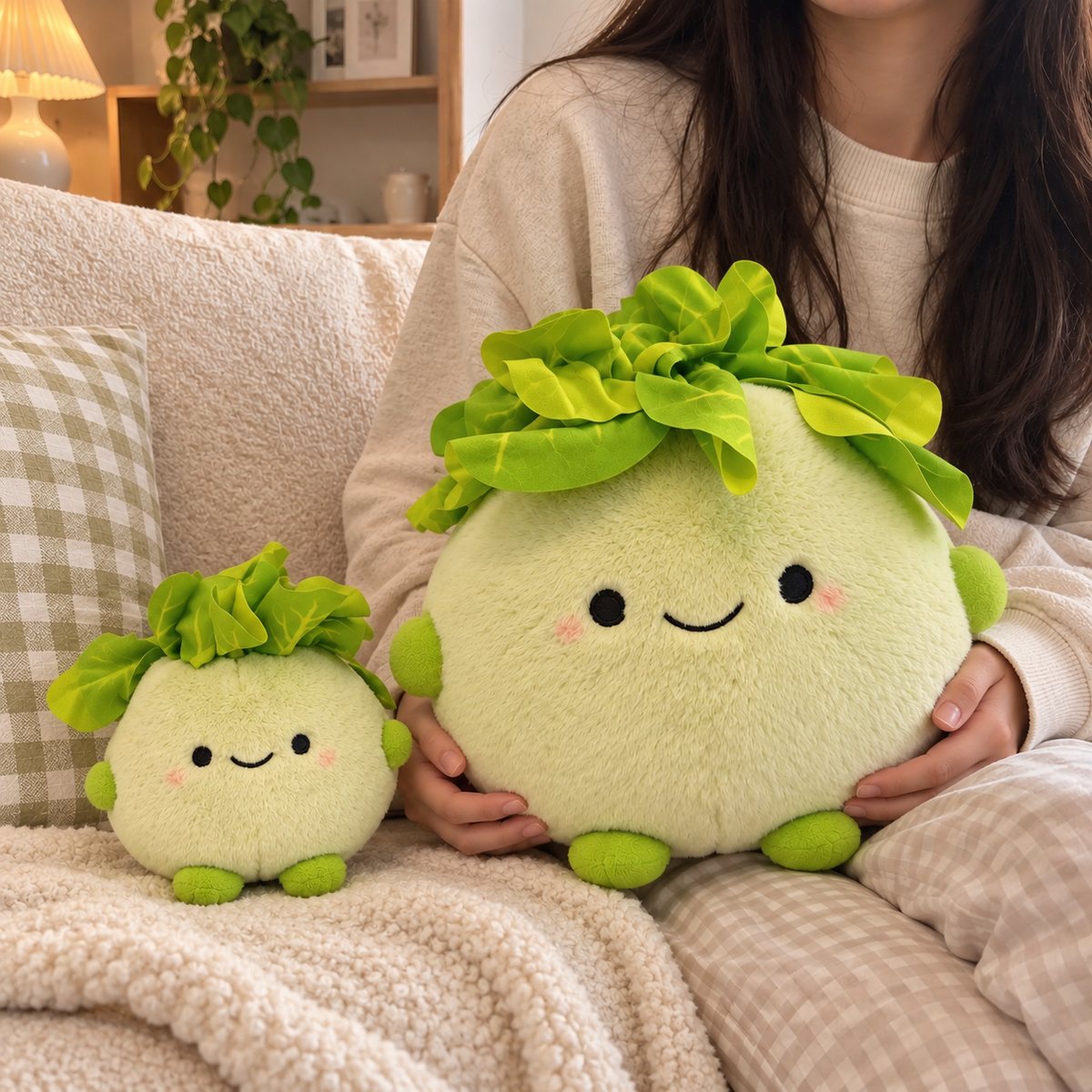 A person sitting on a cozy beige couch holds a large round plush capymo cabbage plush lola toy next to a smaller matching plush toy. The plushies have light yellow-green bodies, bright green leafy tops, and simple embroidered faces with black eyes and smiling mouths.