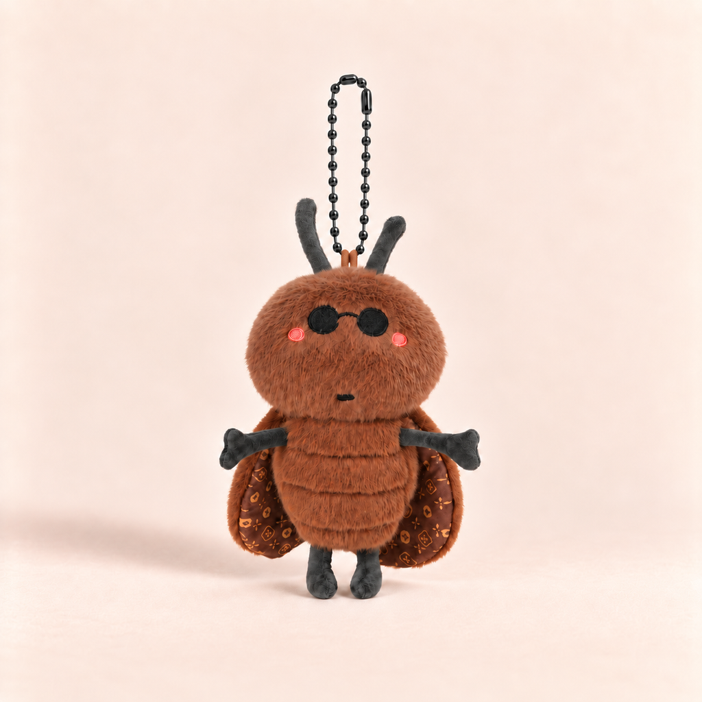 A brown plush insect character keychain with black antennae, black sunglasses, pink cheeks, patterned wings, and a black ball chain, centered on a warm beige background.