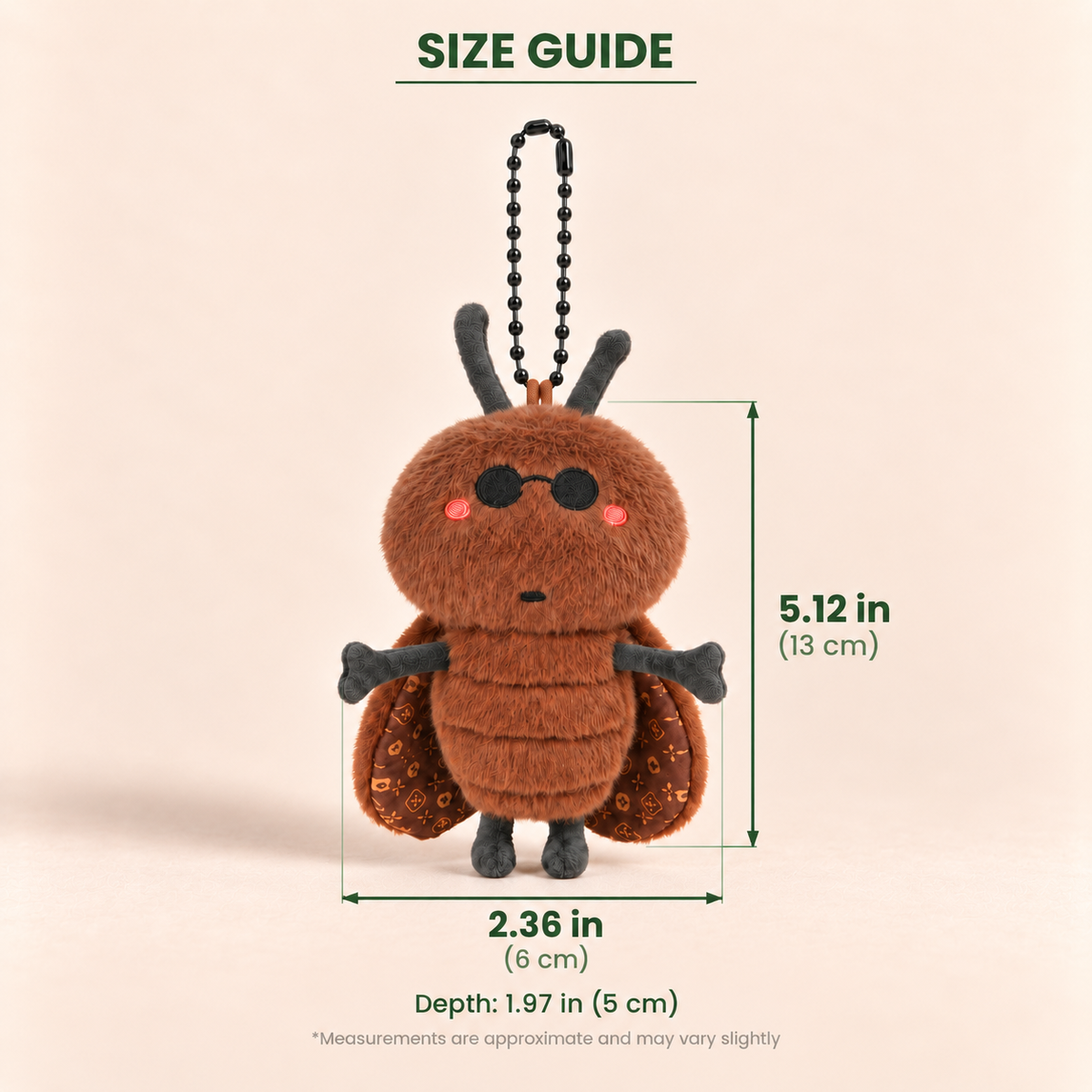 A brown plush insect keychain with black antenna, black bead chain, and black legs, shown on a light beige background with overlaid size guide text and measurements.