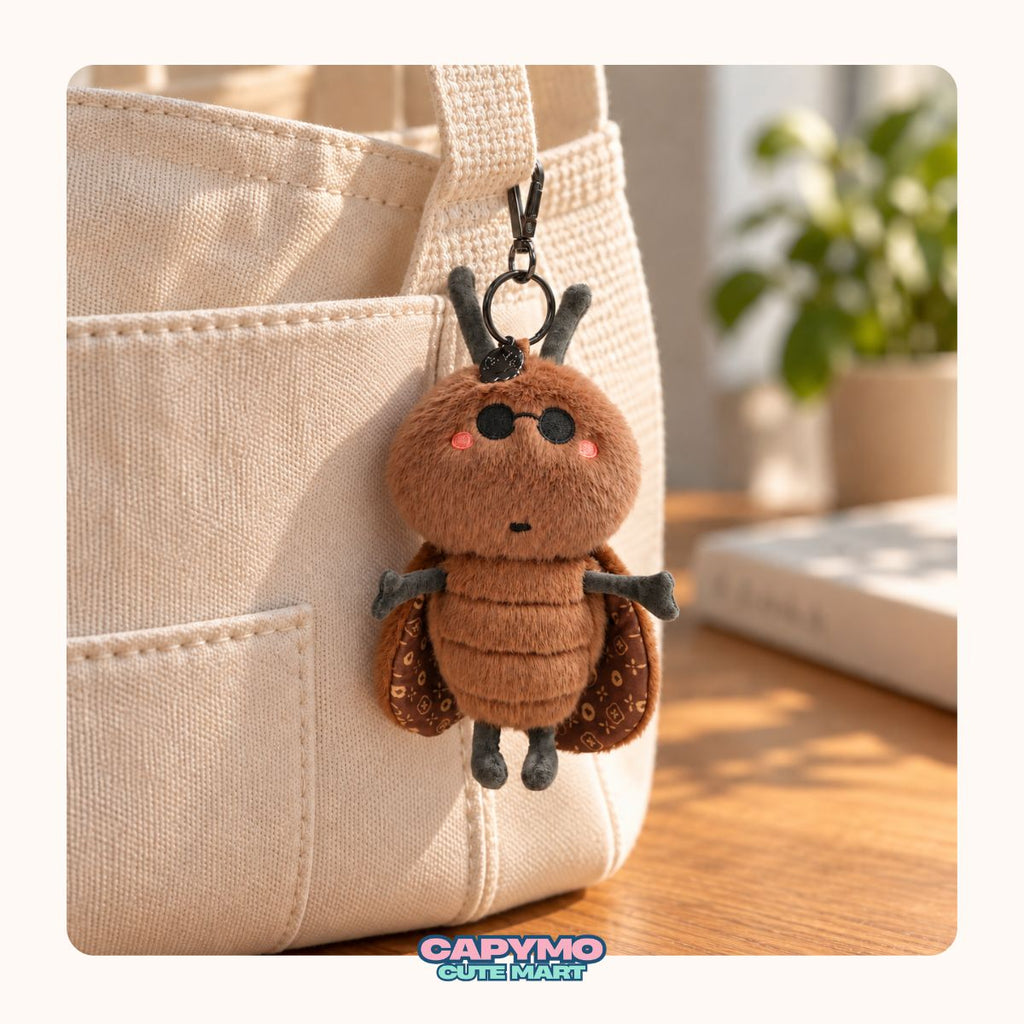 A fluffy green plush keychain charm with a cute face hangs from a beige canvas tote bag on a wooden table, with a blurred book and plant in the background.