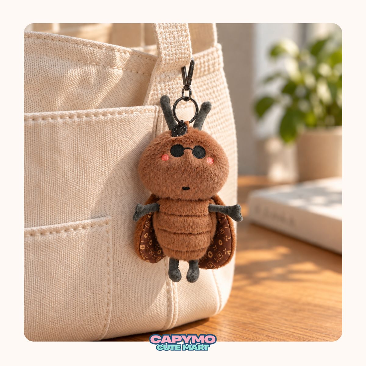 A fluffy green plush keychain charm with a cute face hangs from a beige canvas tote bag on a wooden table, with a blurred book and plant in the background.