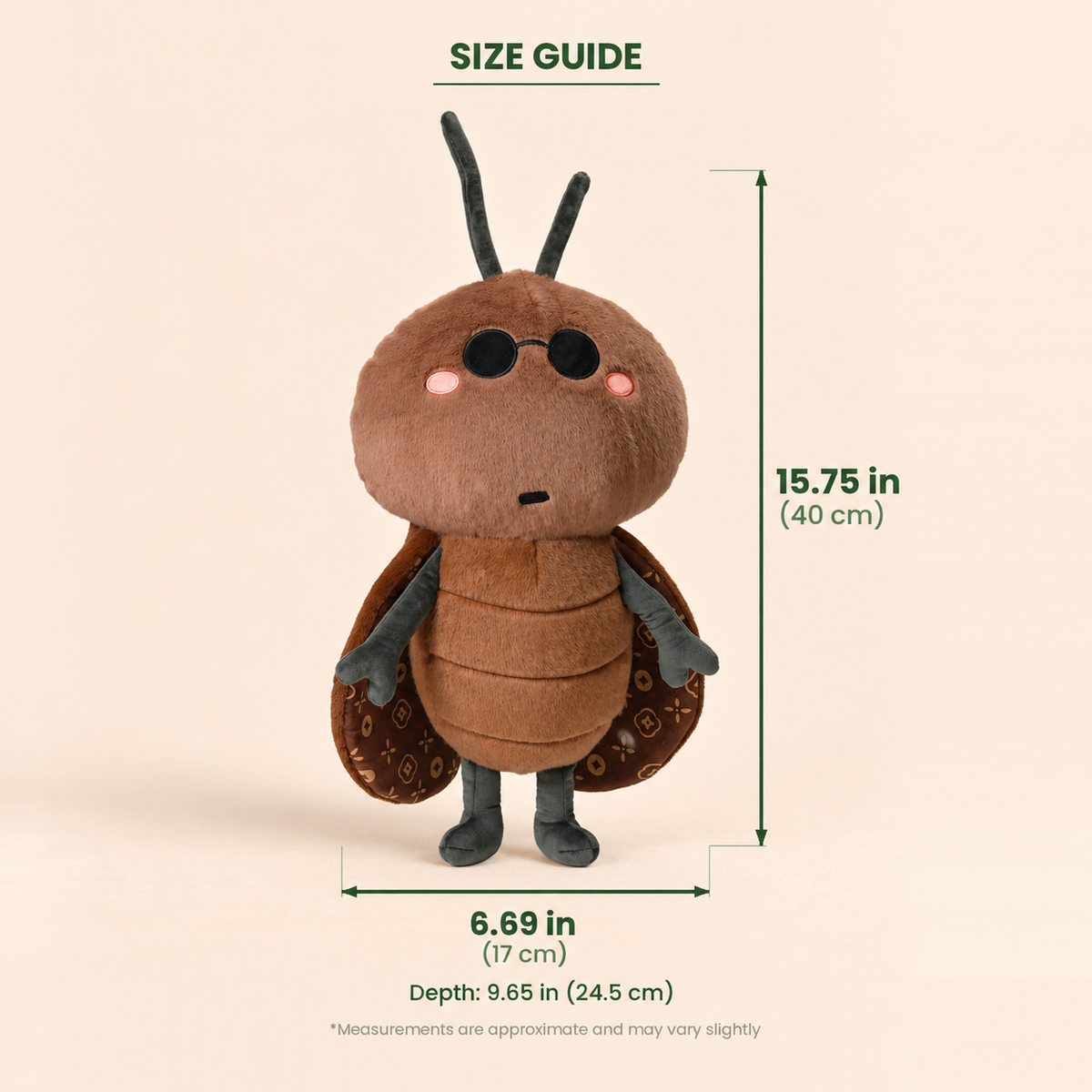A plush cockroach toy centered on a light beige background with overlaid dimension lines and text reading 'SIZE GUIDE,' showing height 15.75 in (40 cm) and depth 6.