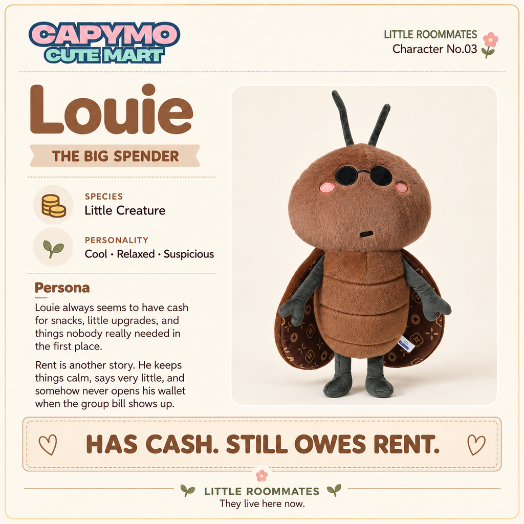 A product listing graphic for a Capymo Cute Mart plush toy named Louie, a little creature character. The graphic features a large photo of the brown plush creature wearing black sunglasses and grey boots on the right, with character details, descriptions, and pricing on a beige background on the left.