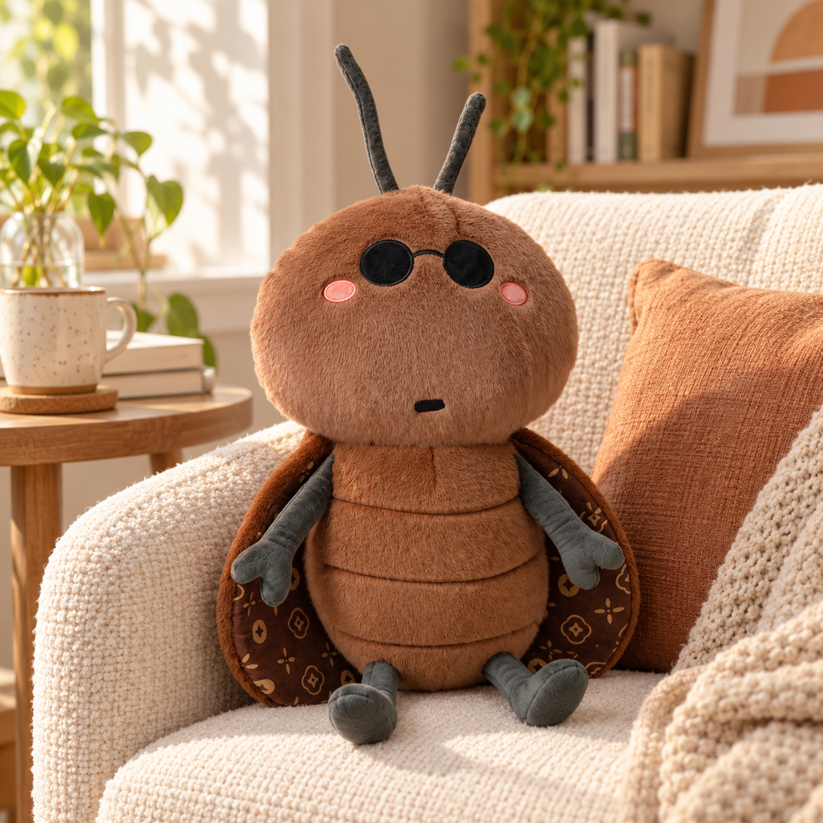 A plush insect toy with a round brown body, dark gray legs and antennae, pink cheeks, and a patterned brown wing, sitting on a cream textured armchair in a warm, sunlit living room.