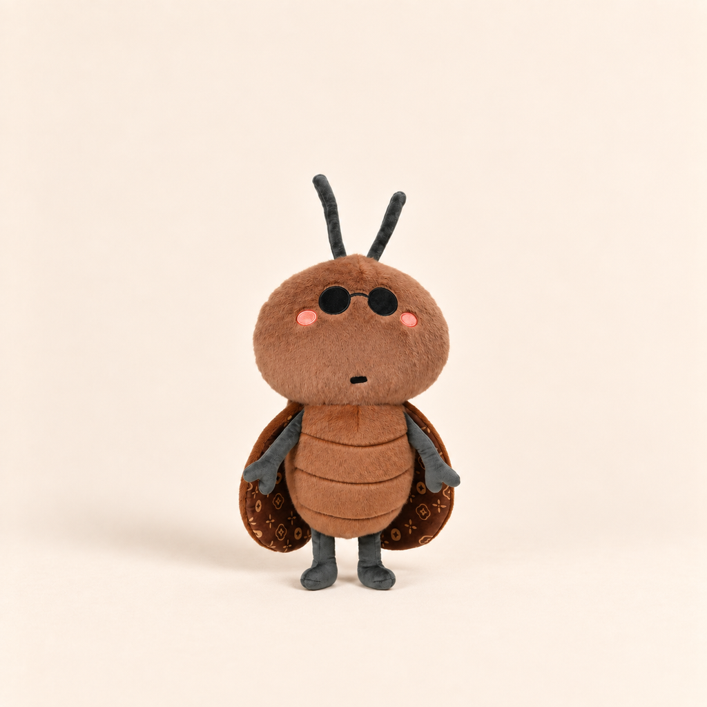 A cute, soft plush toy of a brown beetle or bug character, standing against a solid, warm off-white background.