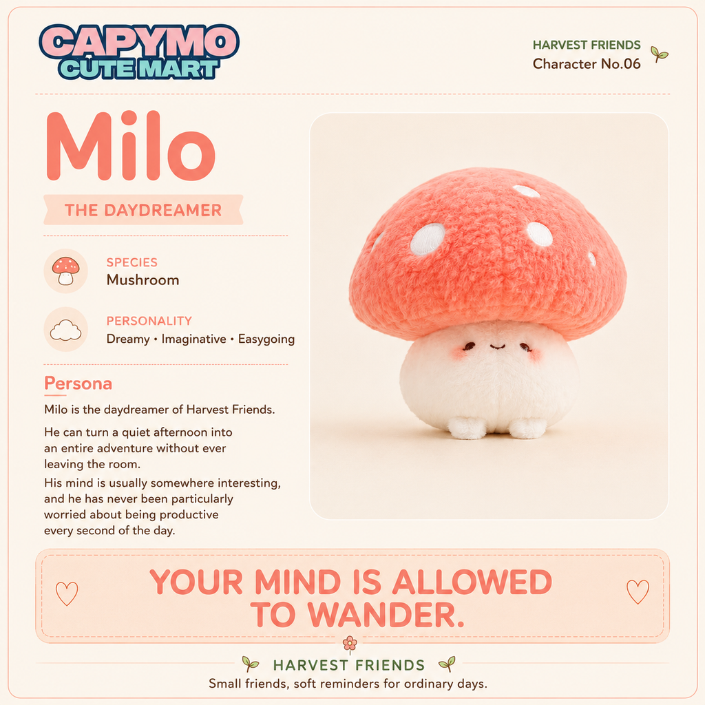 A product card for the Capymo Cute Mart 'Harvest Friends' character Milo, a plush mushroom-shaped daydreamer. The card features character details, a description, and a photo of the plush toy on a soft beige background.