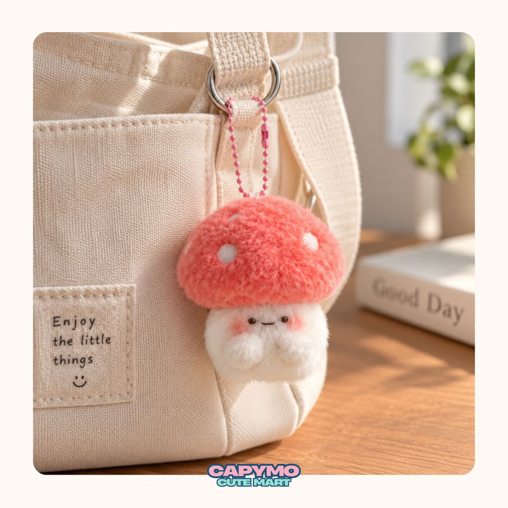 A cute mushroom-shaped plush keychain charm with a pinkish-orange fuzzy cap and a white fluffy face, hanging from a beige canvas tote bag on a wooden table.