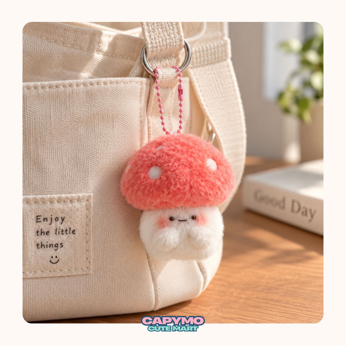 A cute mushroom-shaped plush keychain charm with a pinkish-orange fuzzy cap and a white fluffy face, hanging from a beige canvas tote bag on a wooden table.