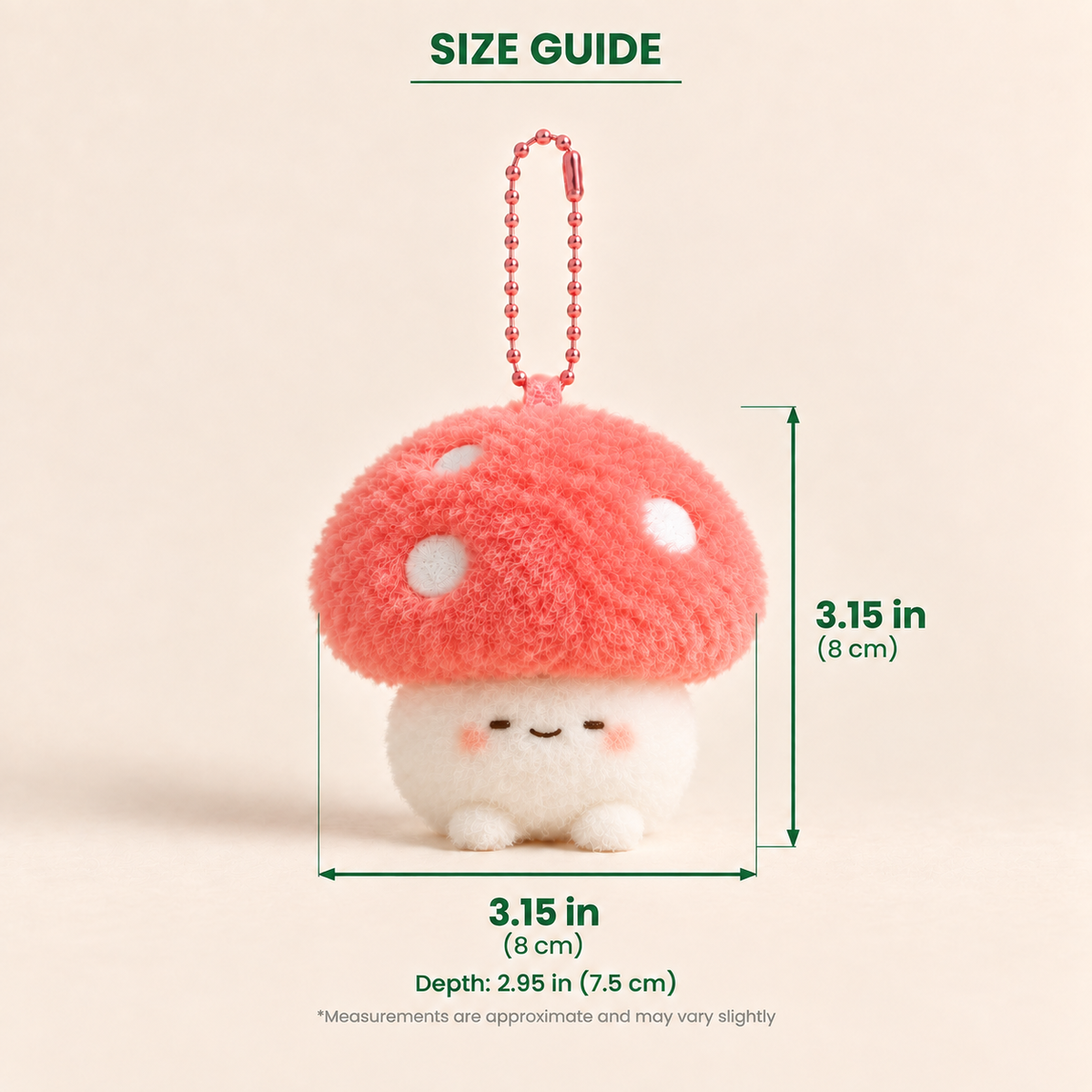 A small plush mushroom keychain shown with overlaid dimension labels reading 3.15 in (8 cm) height and depth, plus a size guide header on a light beige background.