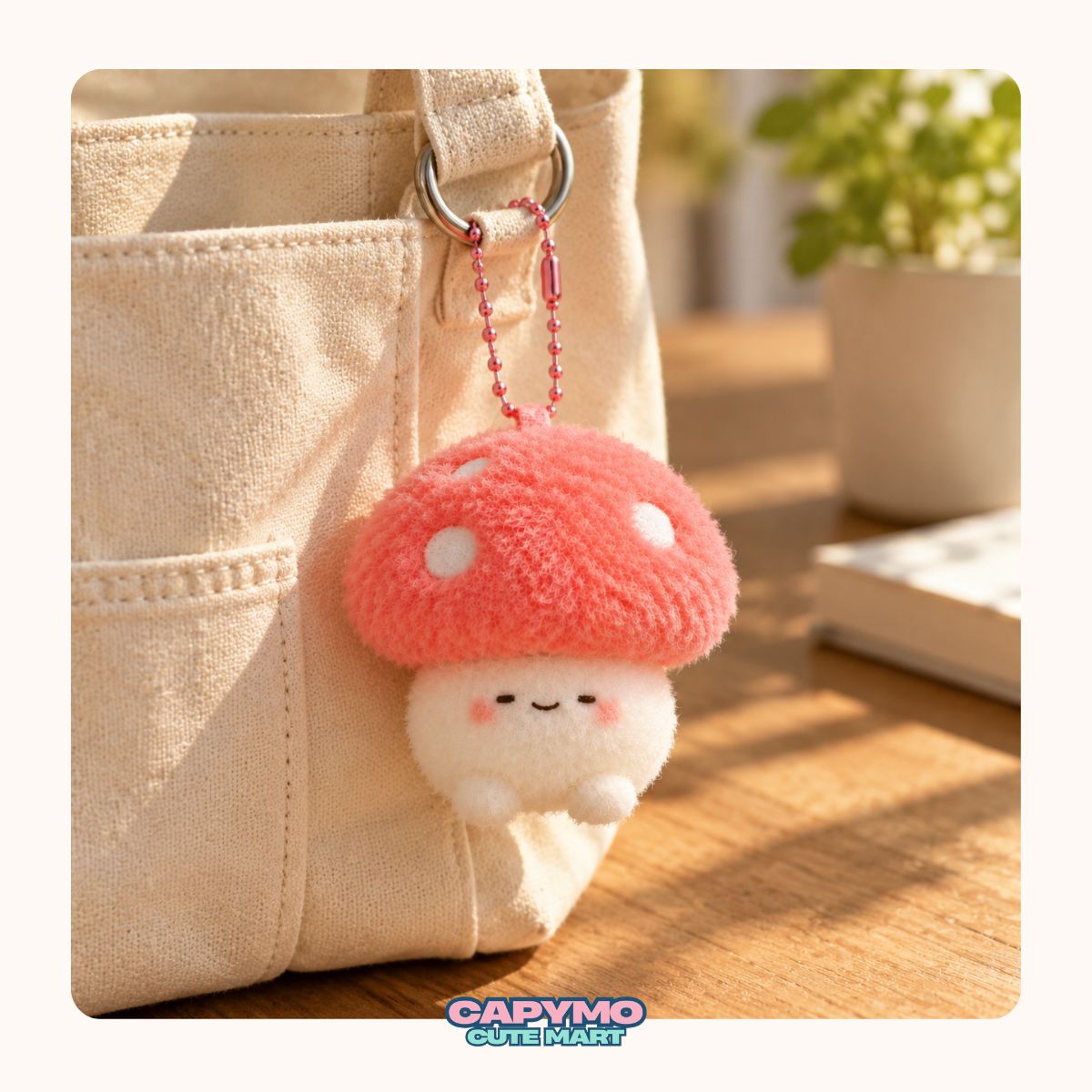 A cute plush mushroom keychain charm hanging from a beige canvas tote bag on a wooden table. The charm has a pinkish-red fuzzy mushroom cap with white polka dots and a white fluffy body with a small smiling face.